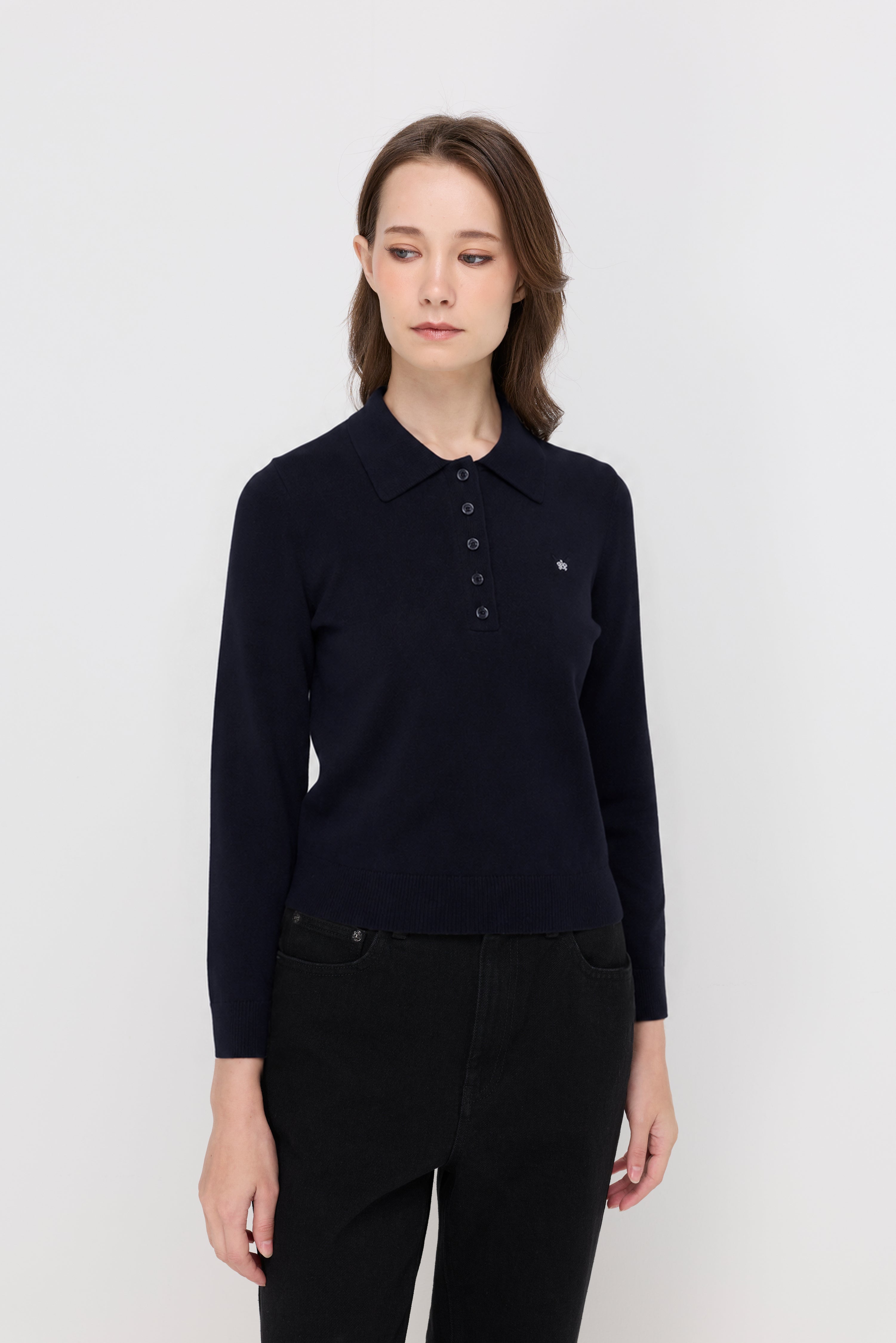 Embroidered Knit Polo Sweater Navy