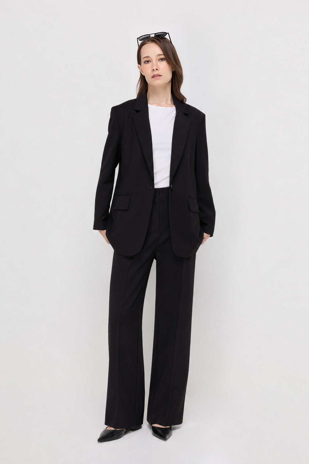Tailored Pleated Straight-Leg Trousers Black