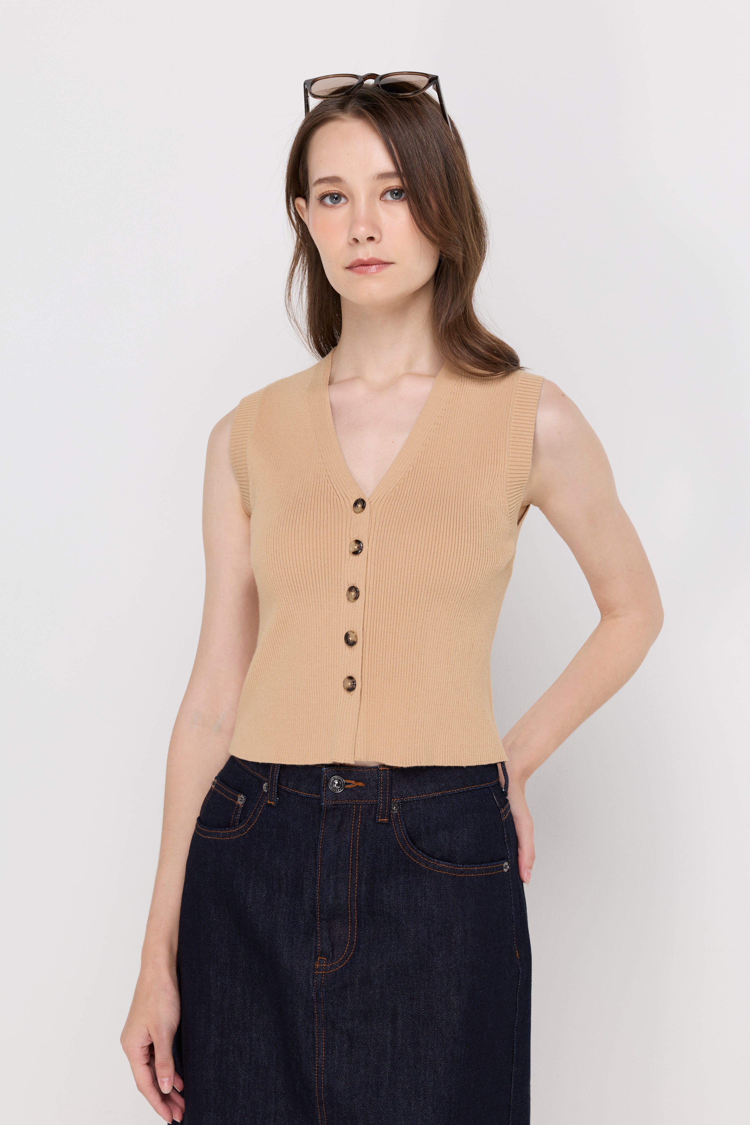 Ribbed Button-Front Knit Vest Brown