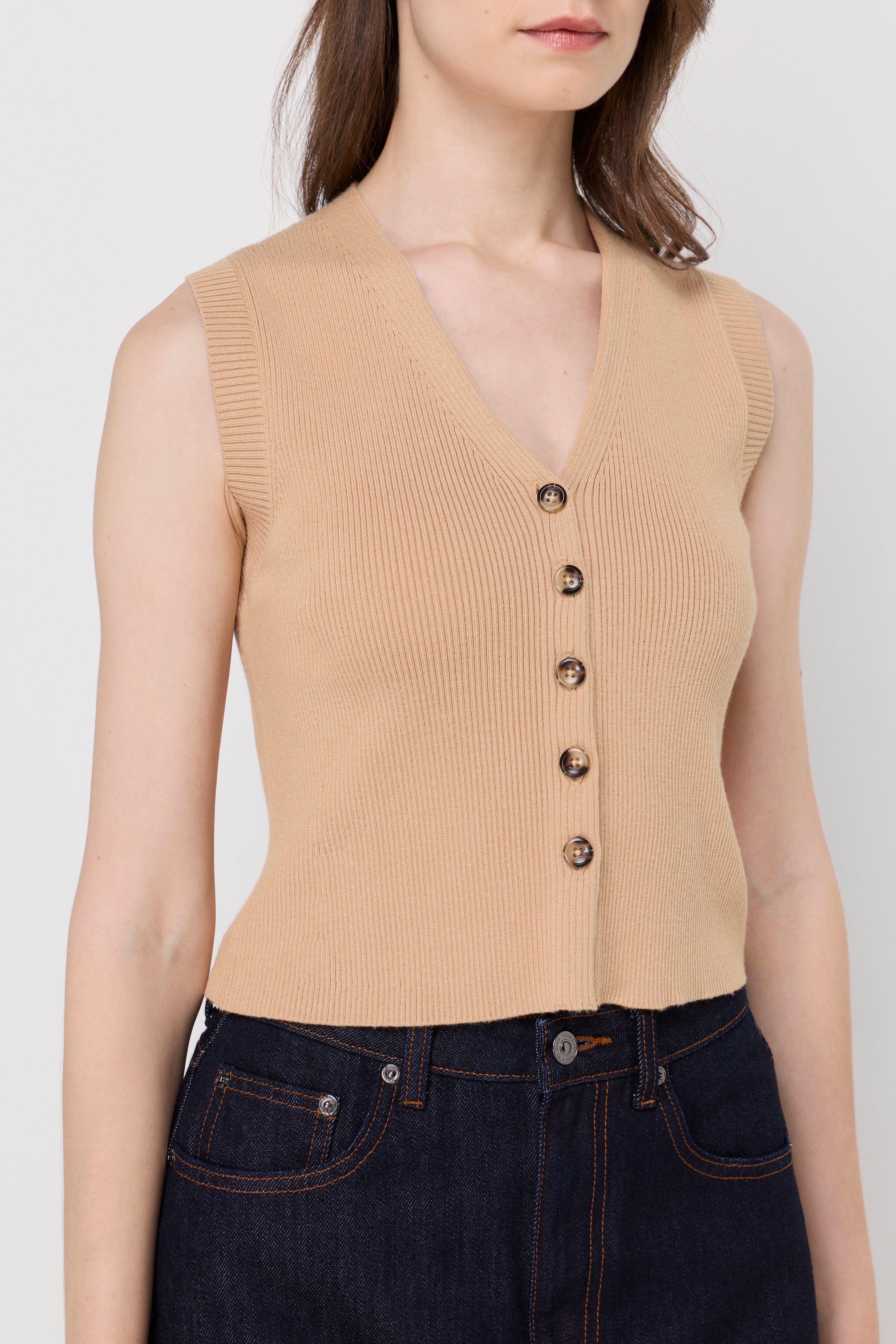 Ribbed Button-Front Knit Vest Brown