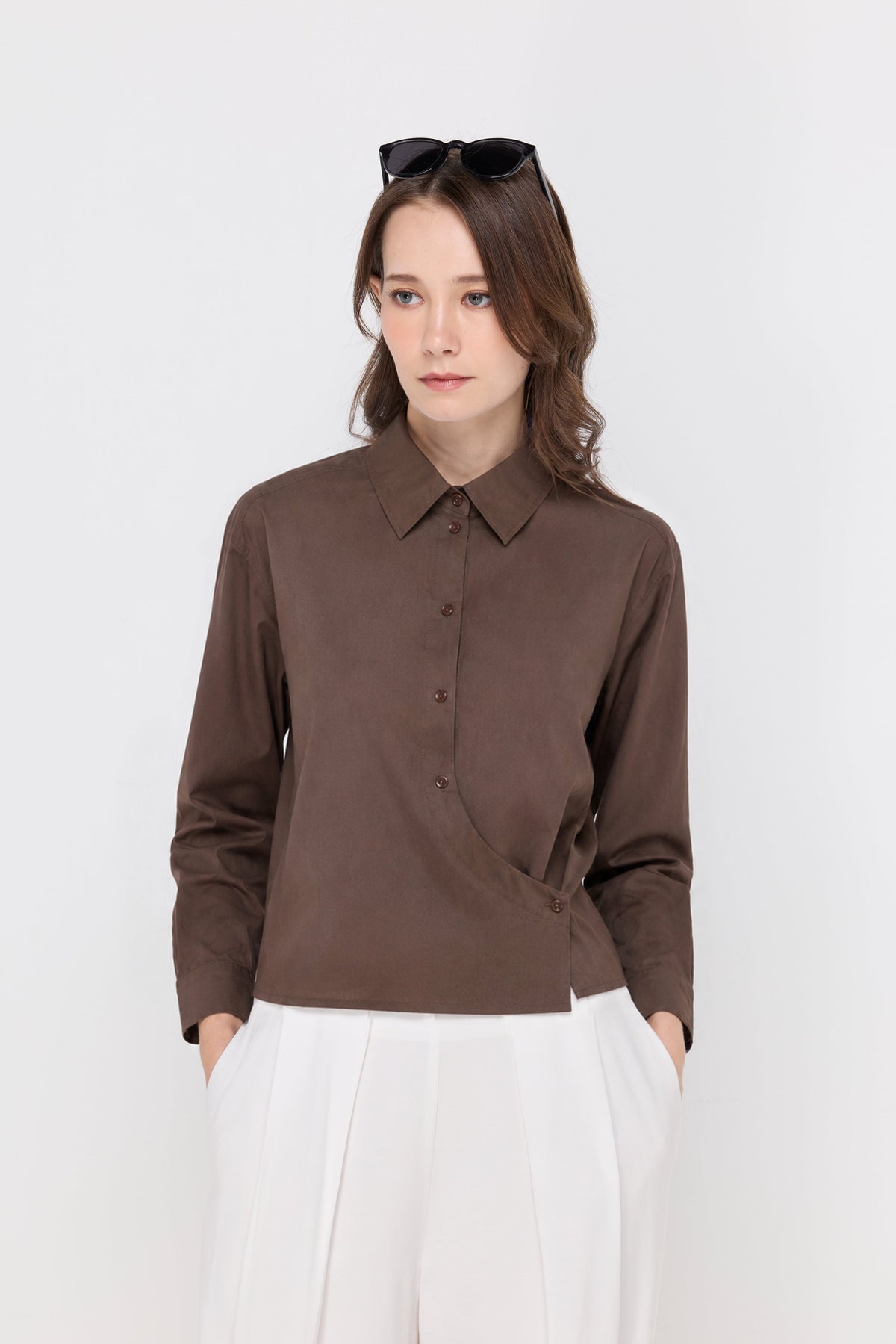 Asymmetric Layered Cotton Polo Blouse Dark Brown