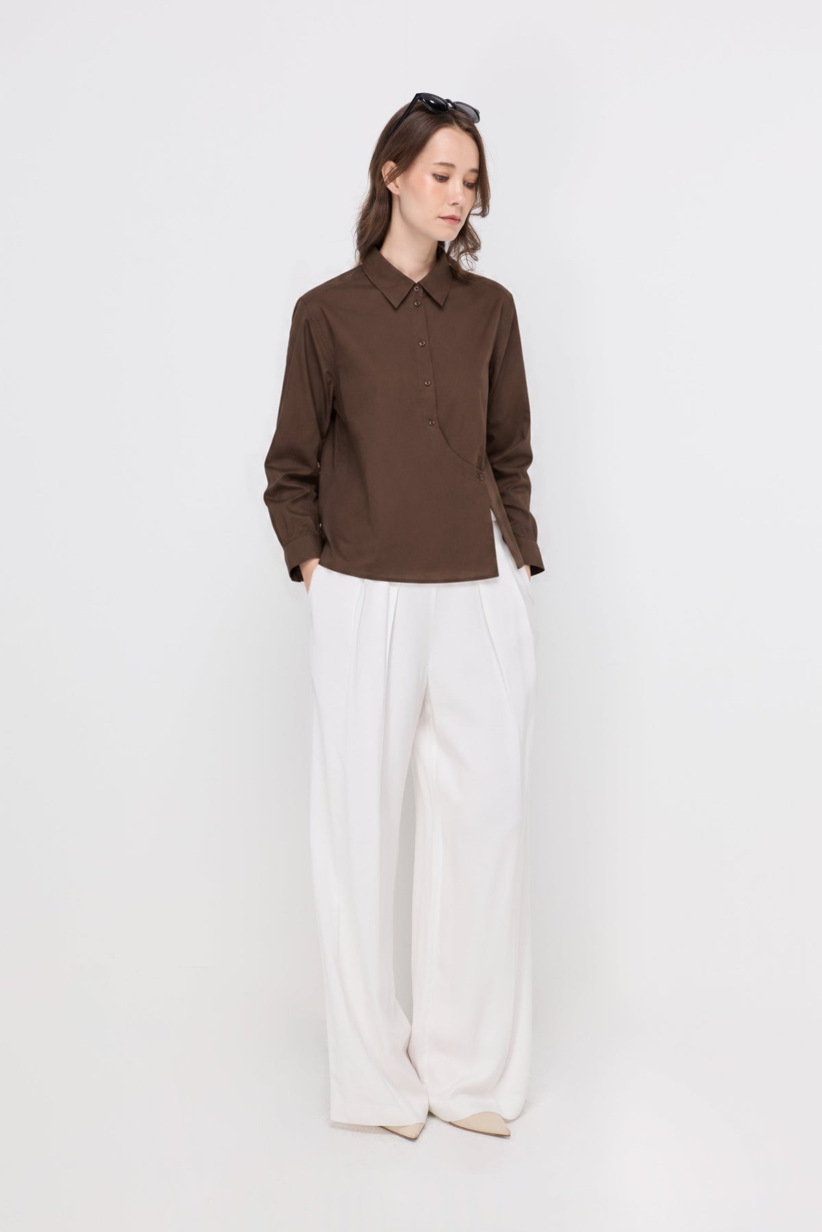 Asymmetric Layered Cotton Polo Blouse Dark Brown