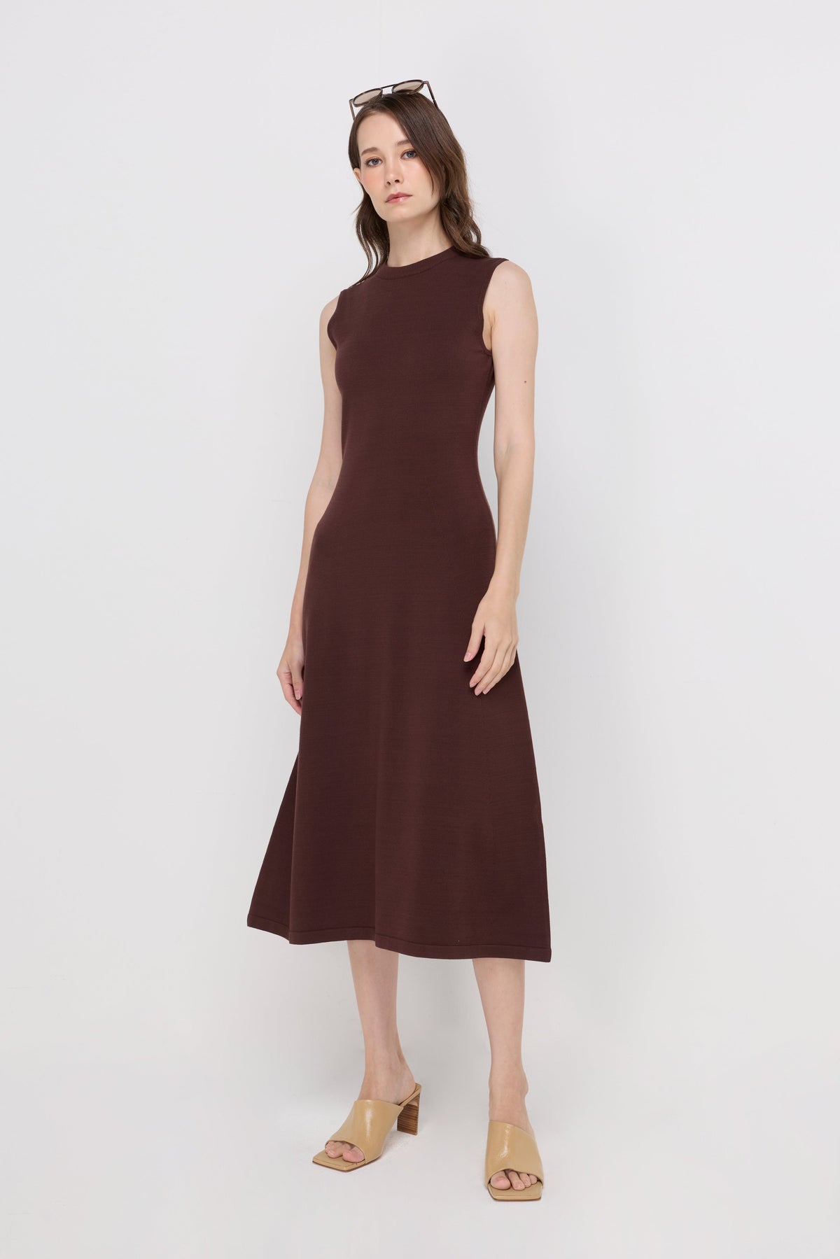 Sleeveless Knit A-Line Midi Dress Dark Brown