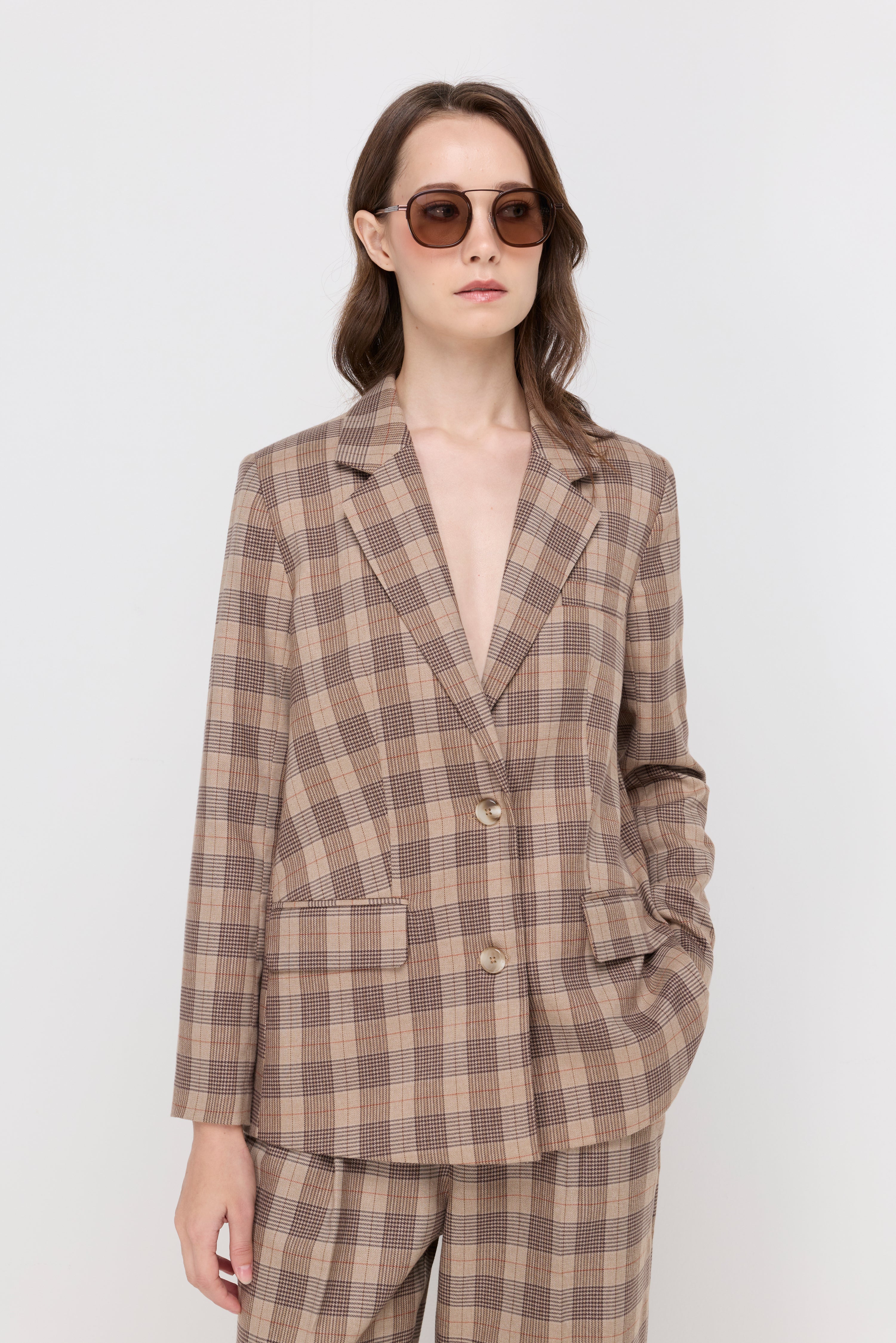 Checked Double-Breasted Blazer Check Brown