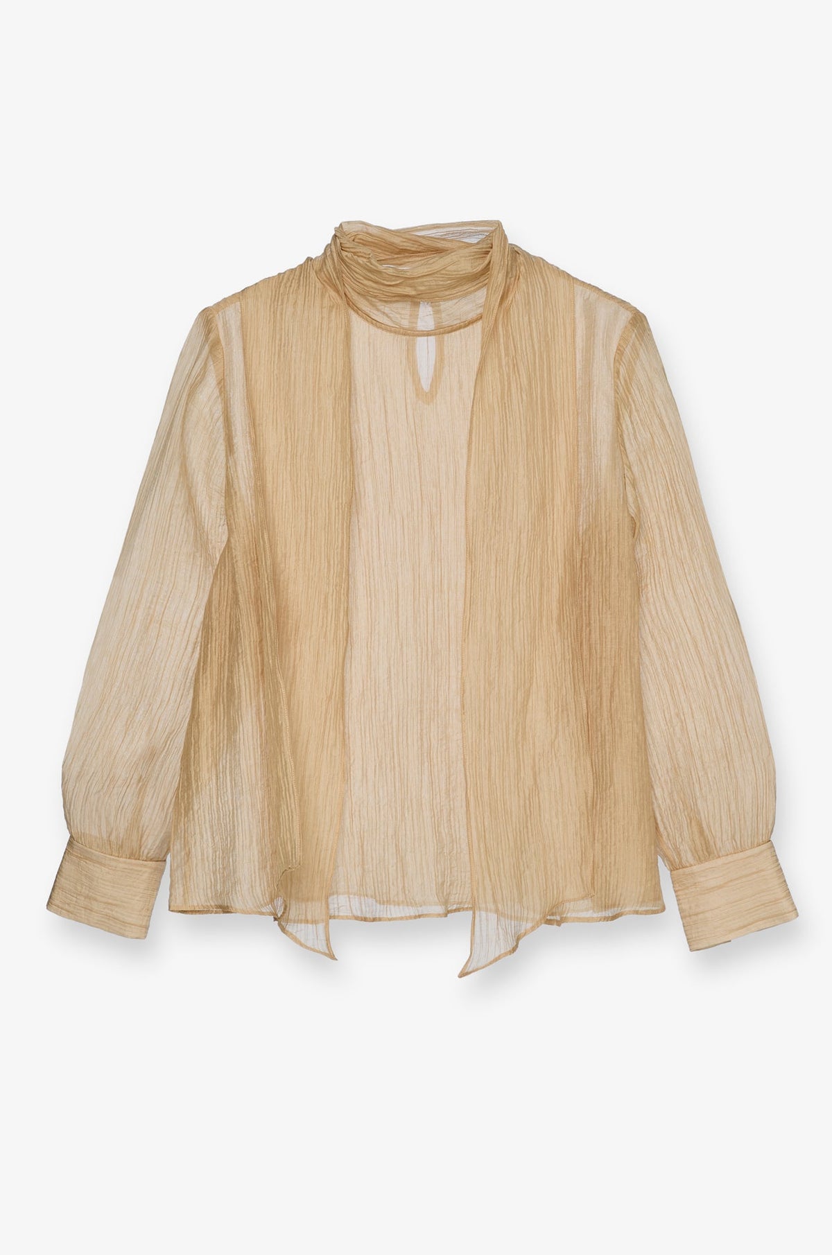 Crinkled Sheer Tie-Neck Blouse Brown