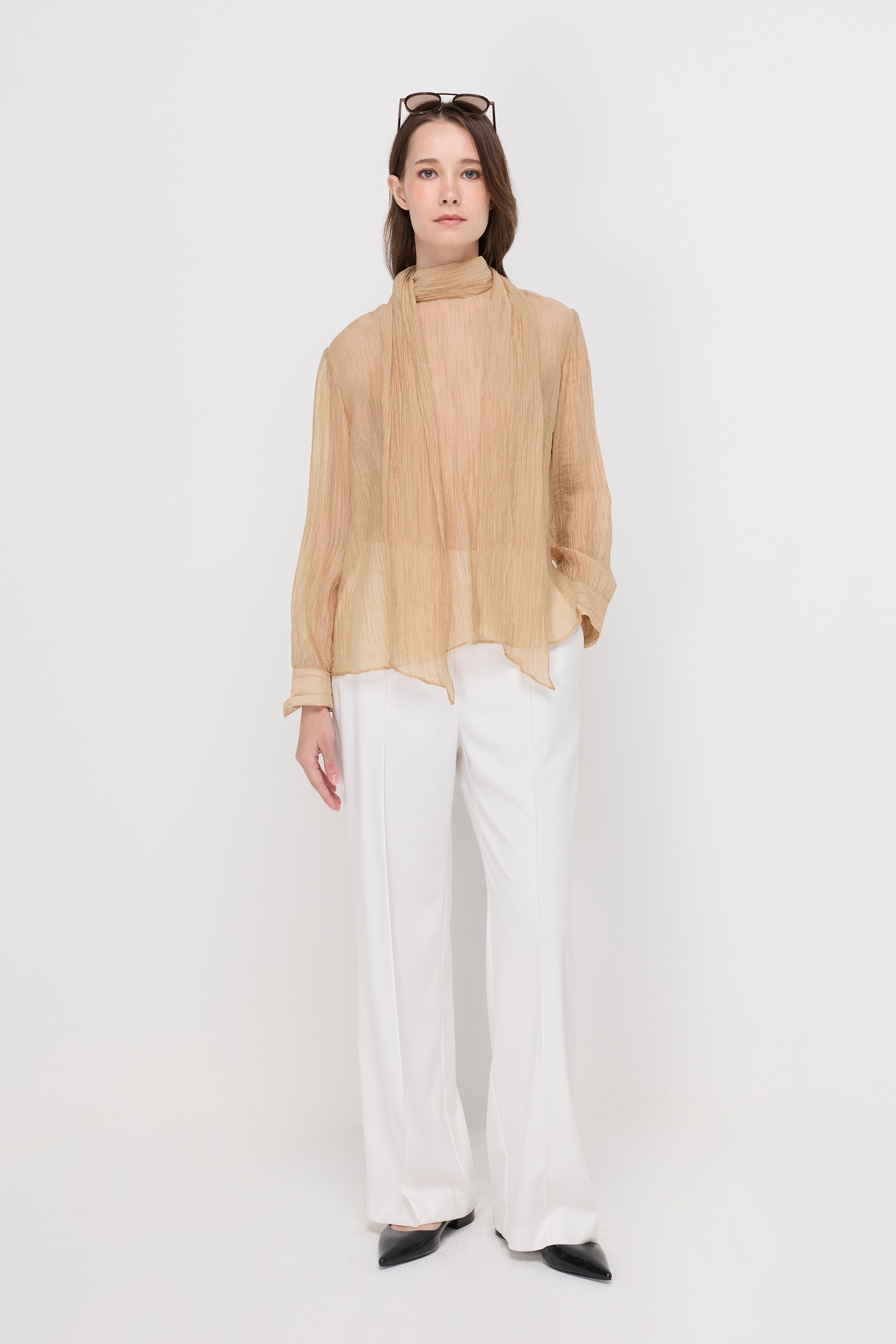Crinkled Sheer Tie-Neck Blouse Brown