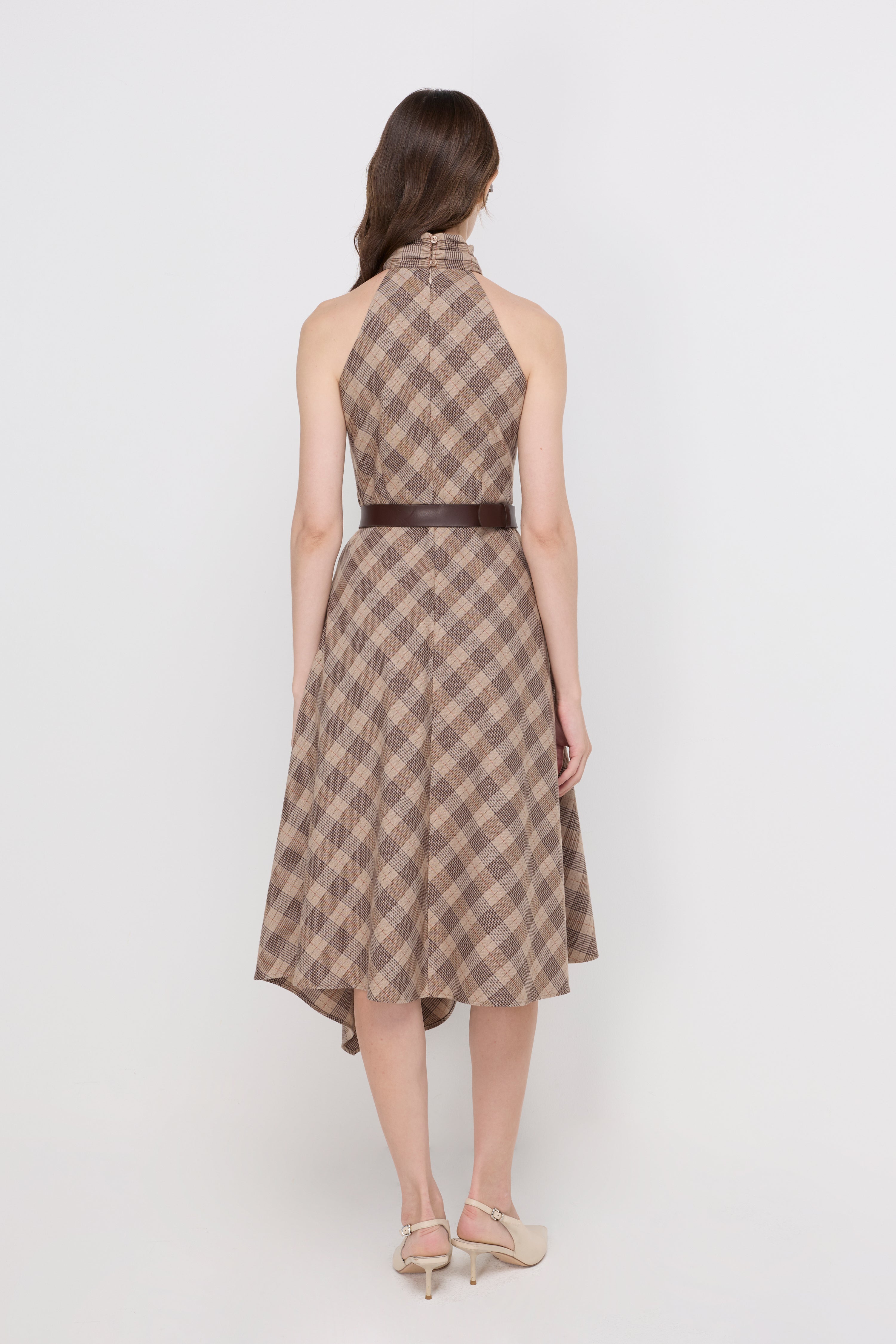 Elegant Belted Midi Dress Check Brown