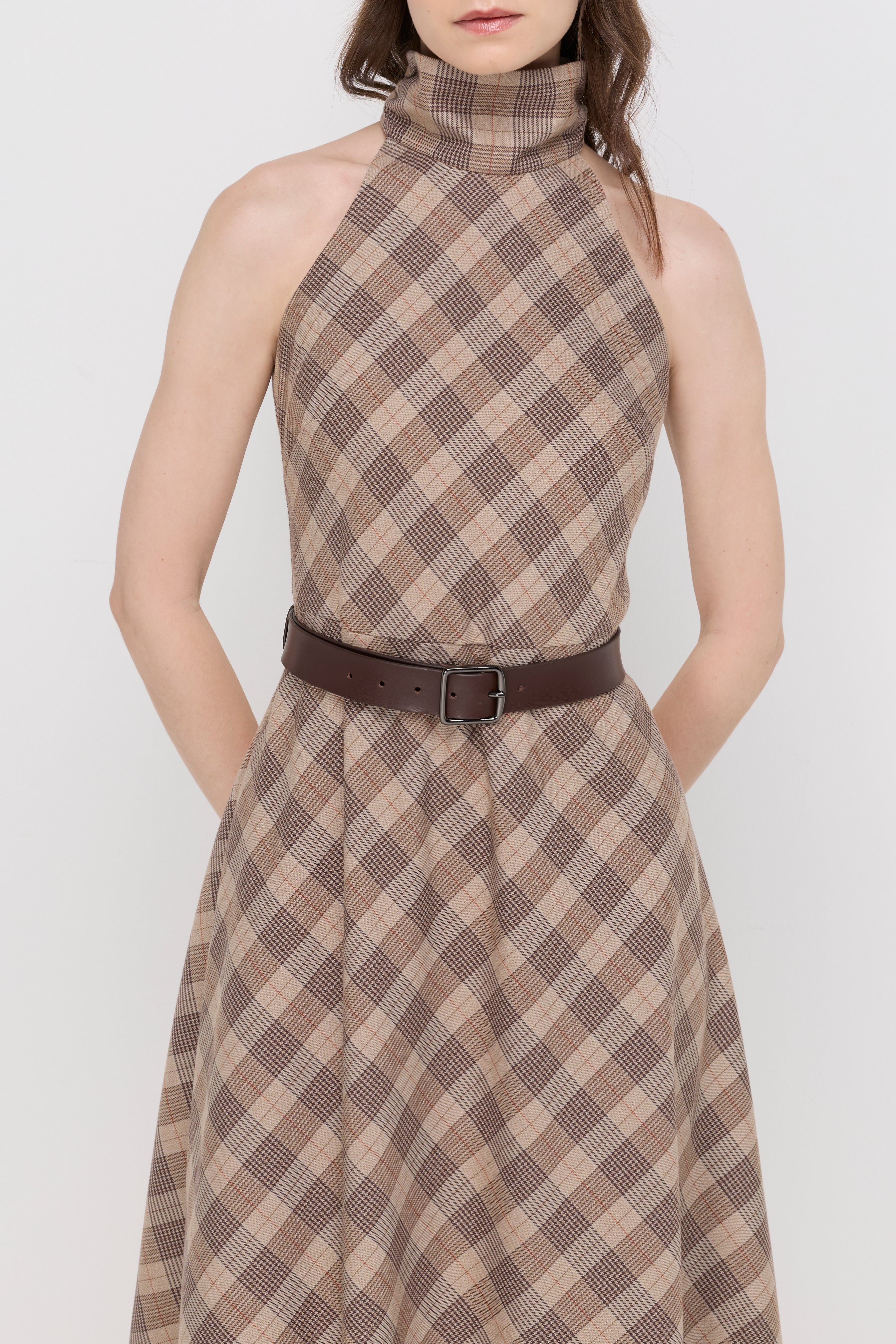 Elegant Belted Midi Dress Check Brown