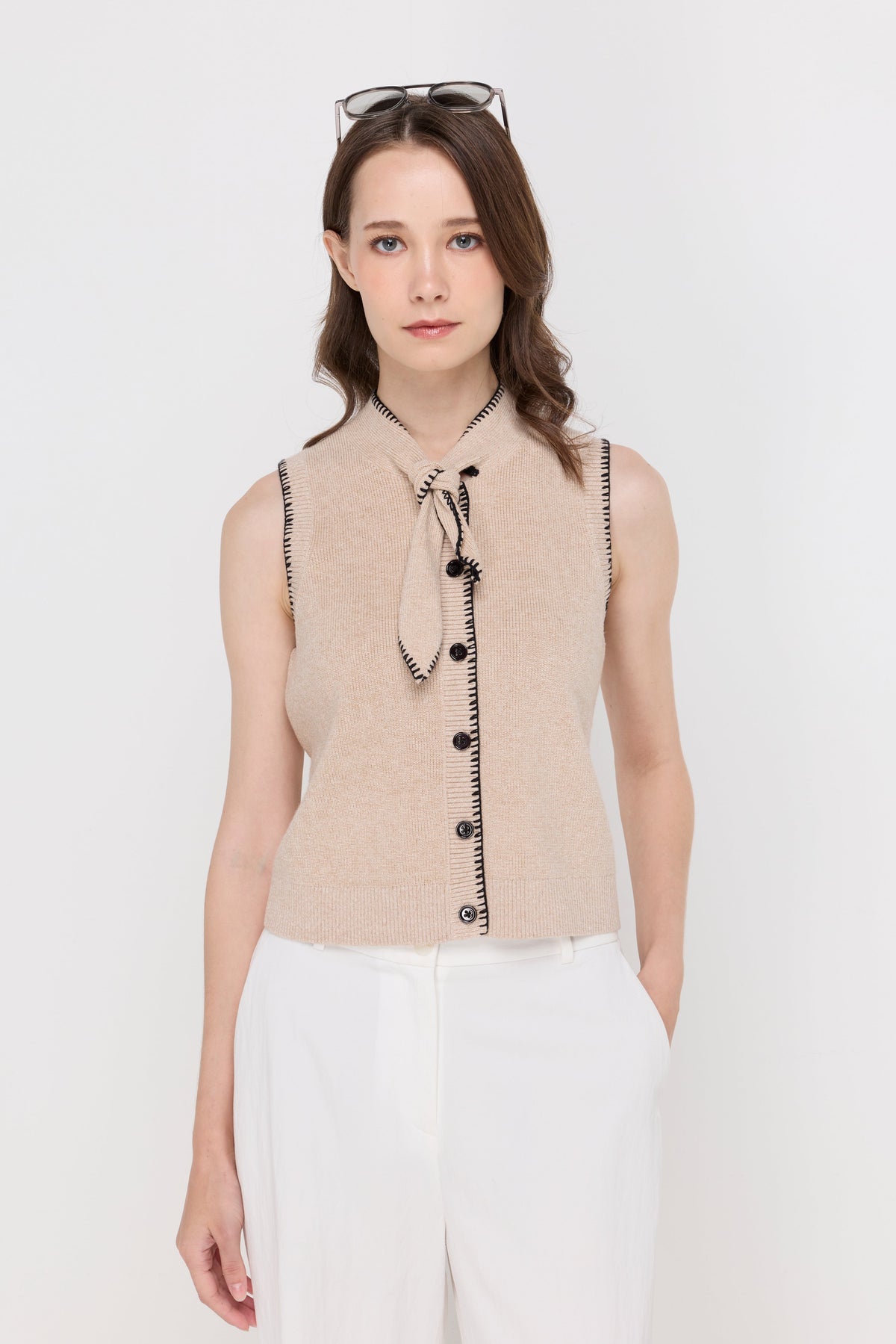 Contrast Trim Tie-Neck Knit Vest Top Dyed Beige