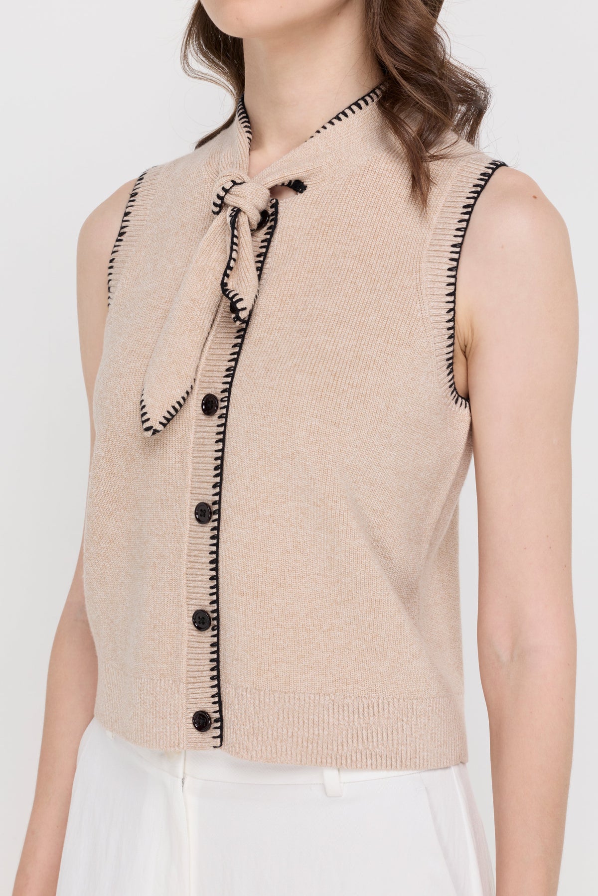 Contrast Trim Tie-Neck Knit Vest Top Dyed Beige