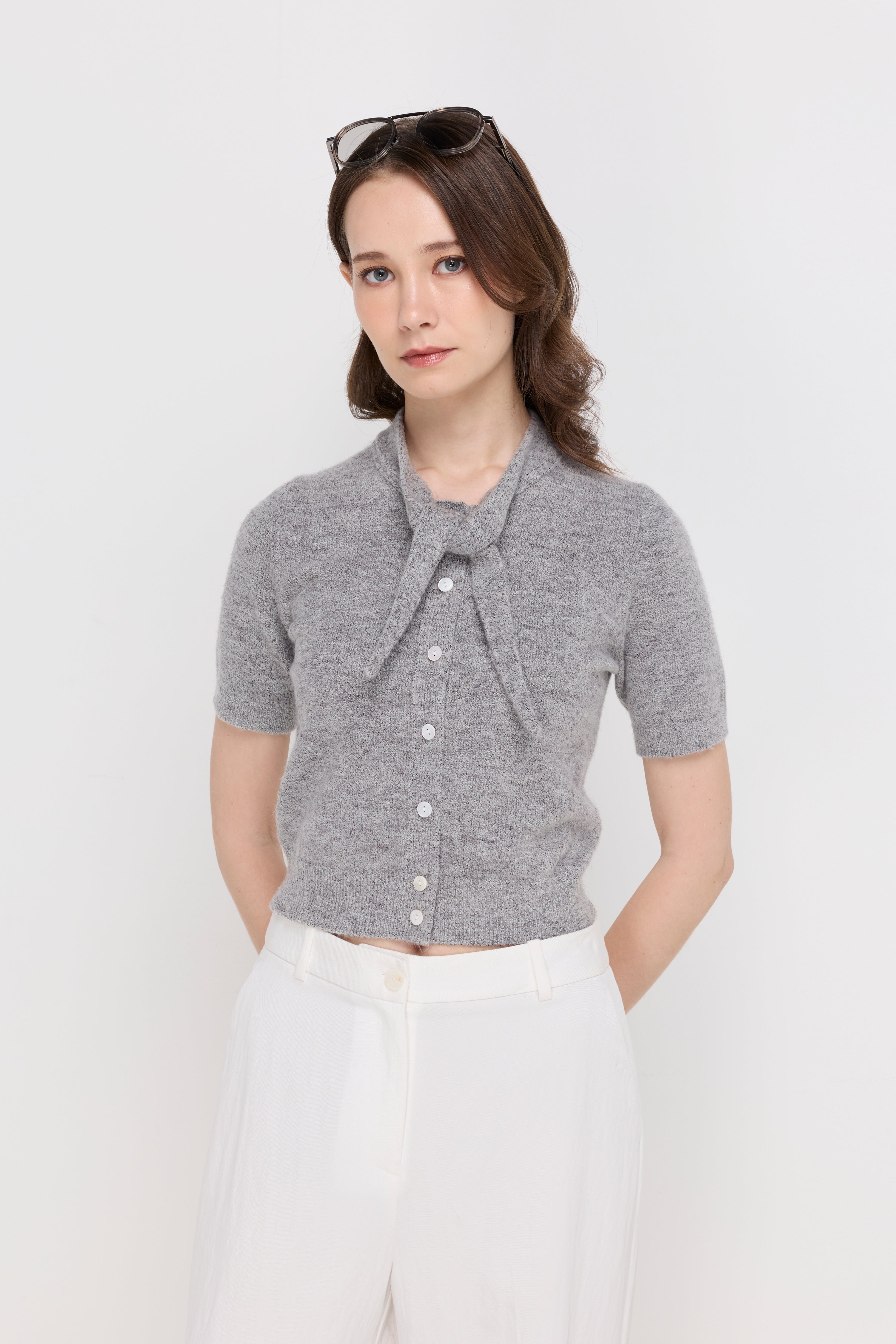 Melange Tie-Neck Knit Cardigan Grey