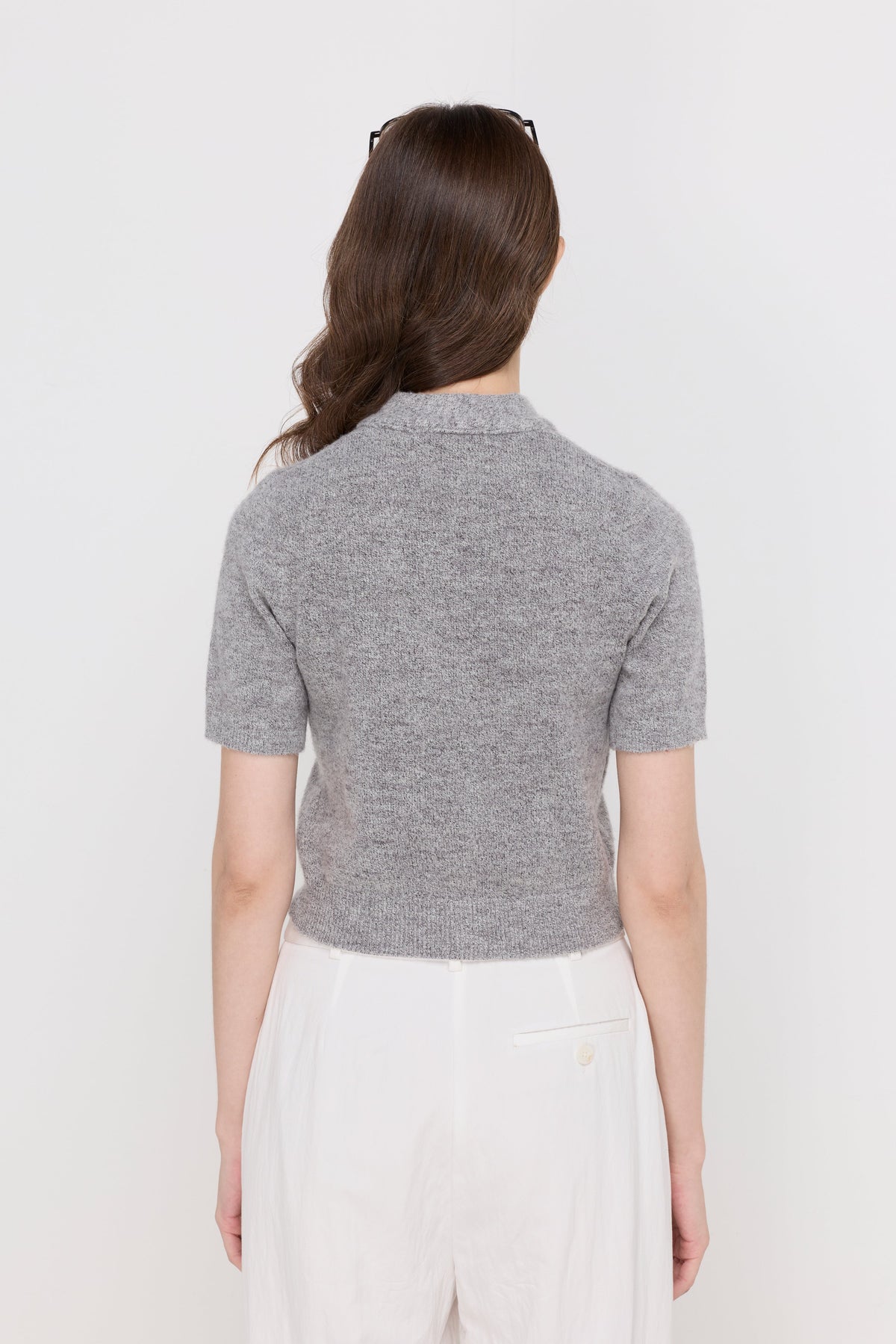 Melange Tie-Neck Knit Cardigan Grey