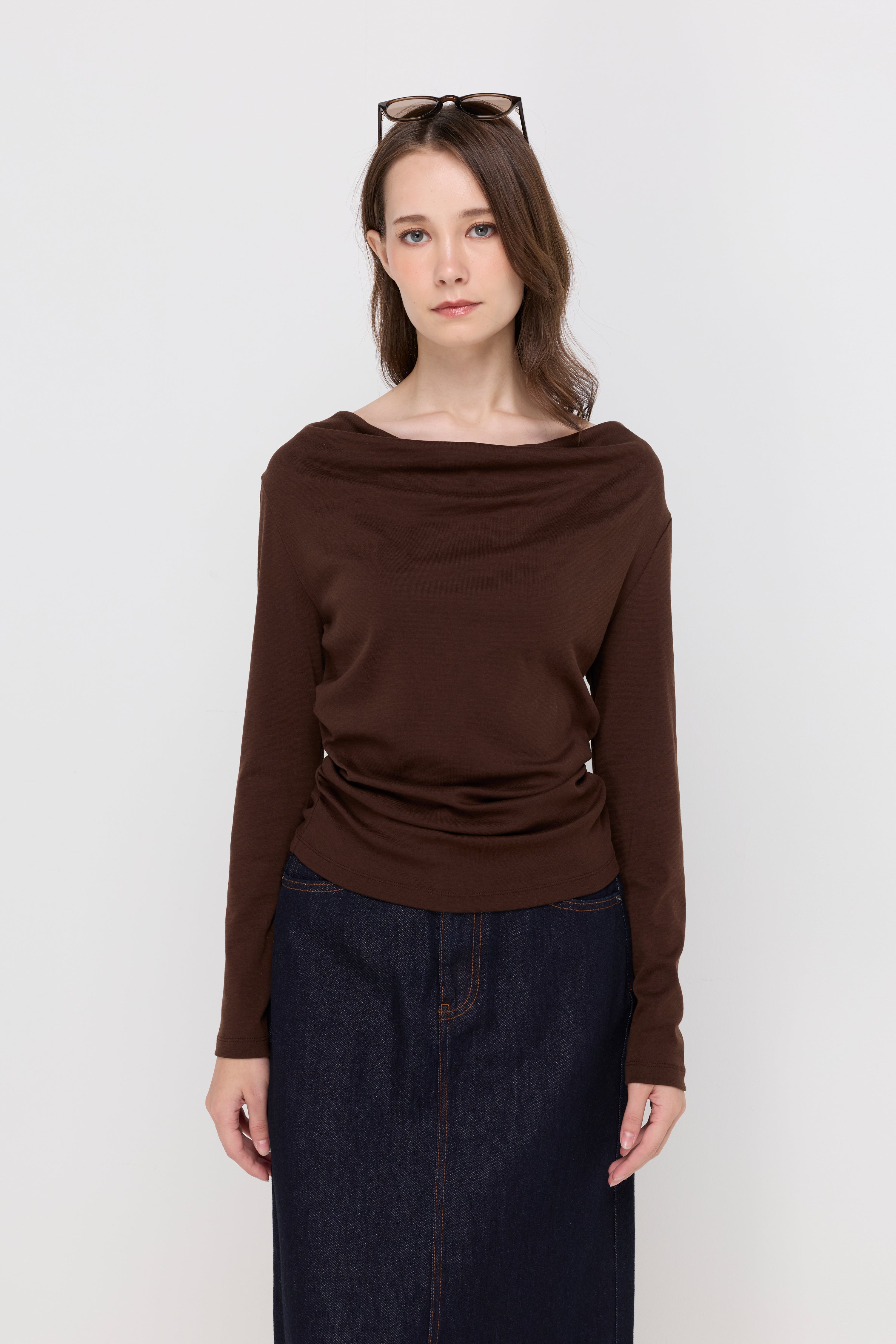 Elegant Ruched Knit Blouse Dark Brown