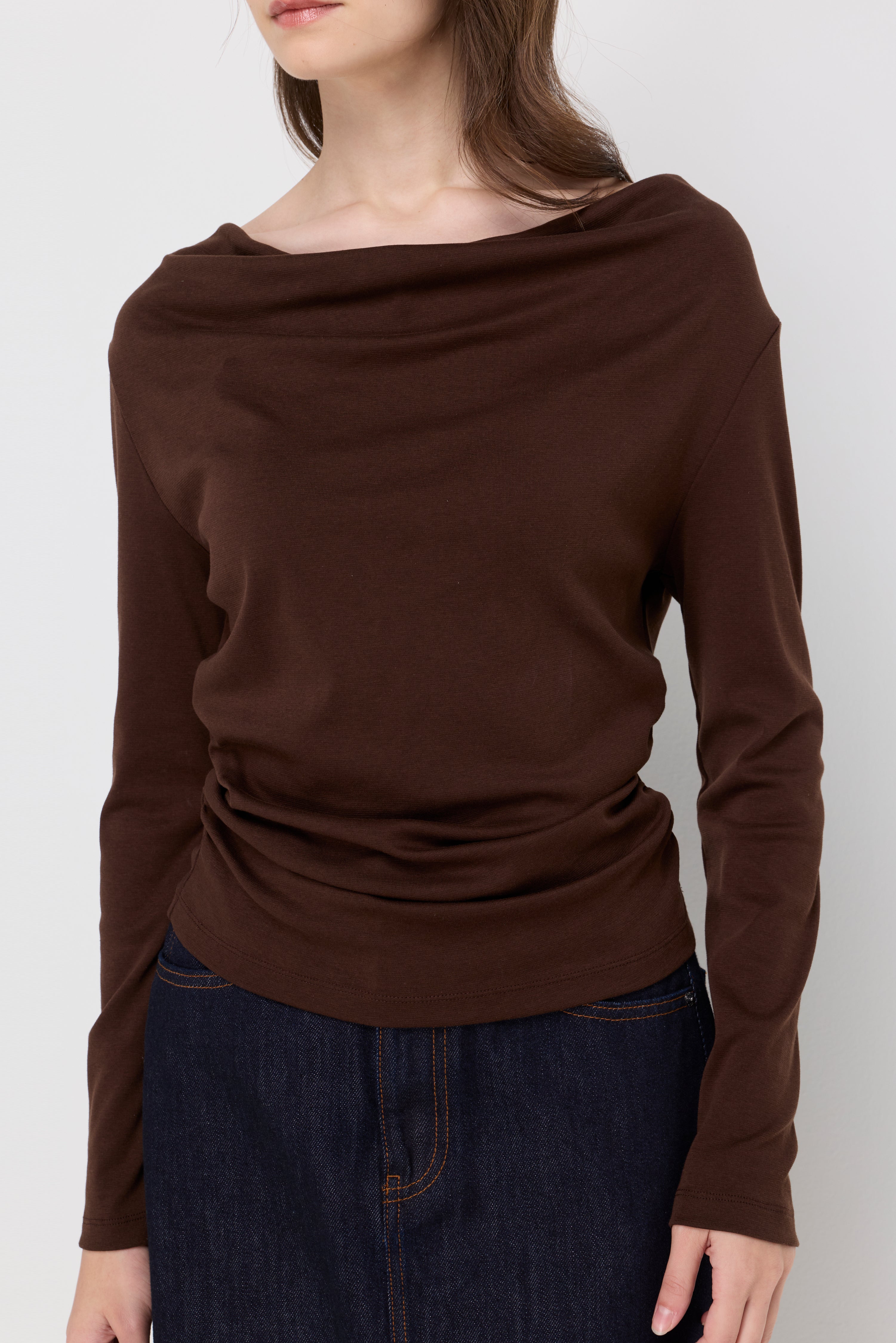 Elegant Ruched Knit Blouse Dark Brown
