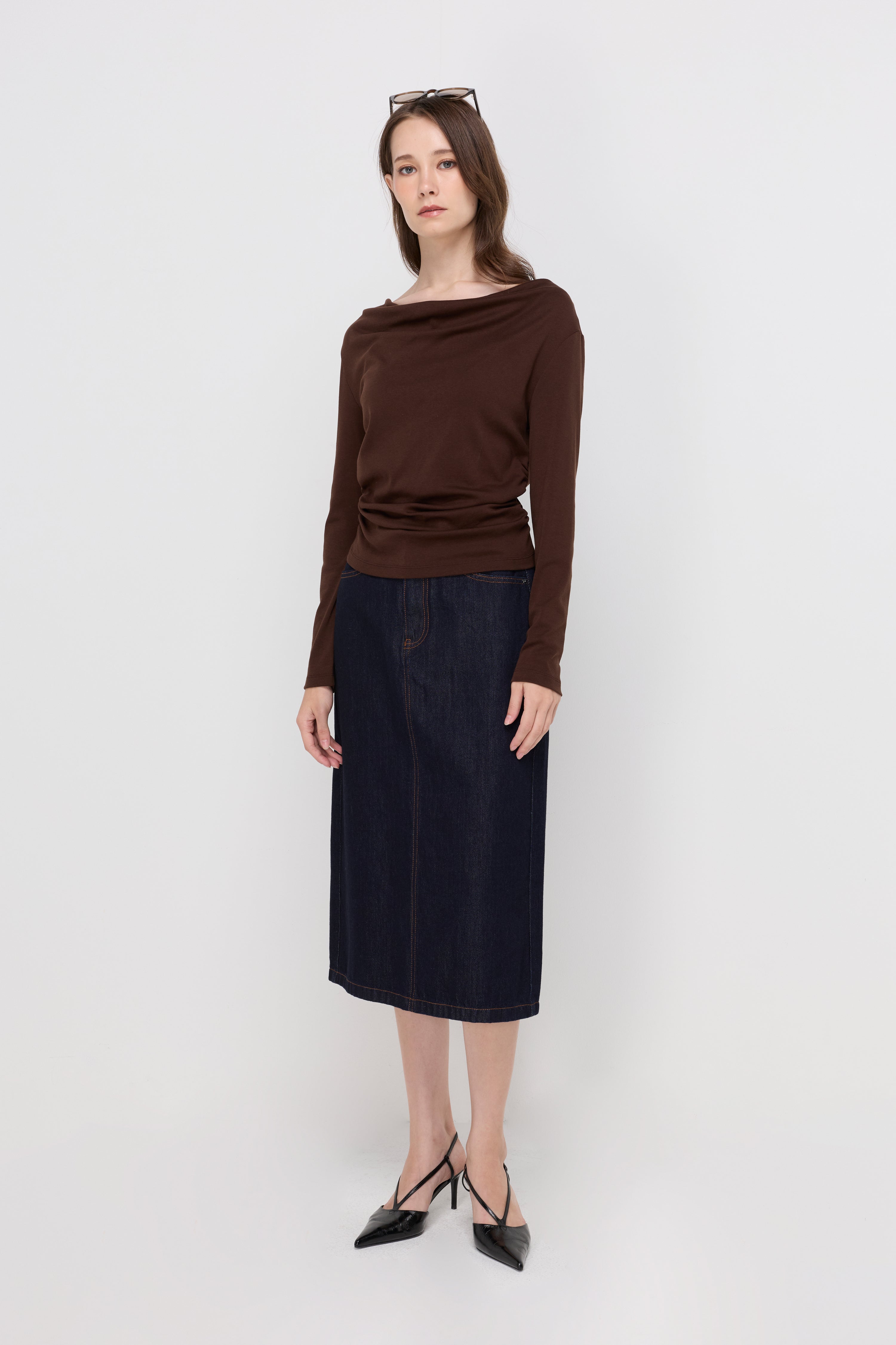 Elegant Ruched Knit Blouse Dark Brown