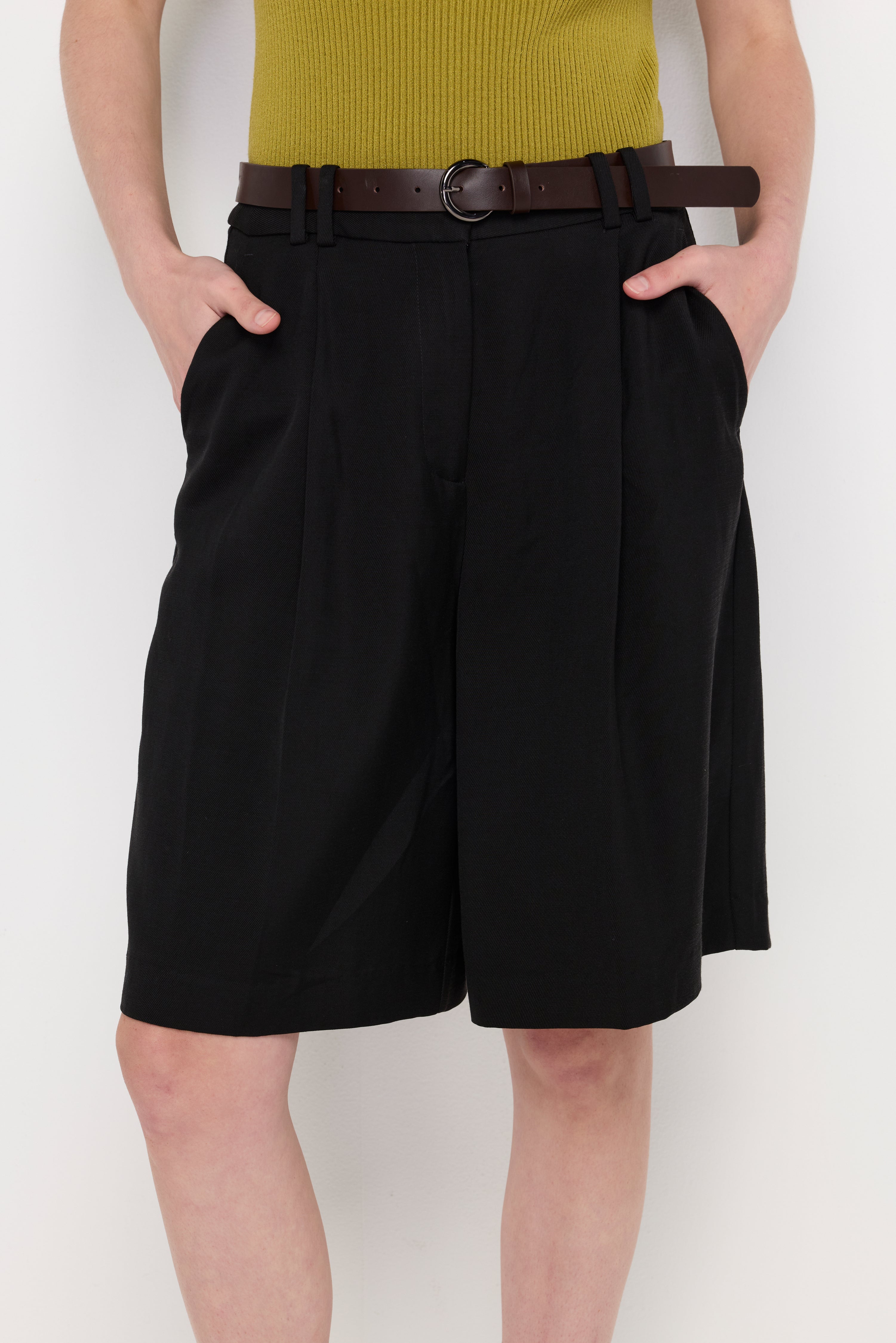 Belted Pleated Tailored Shorts Black