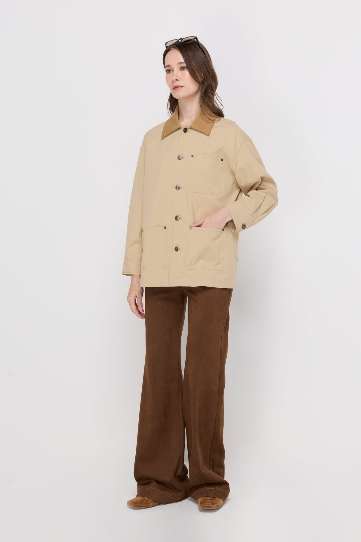 Corduroy Collar Cotton Shacket Beige