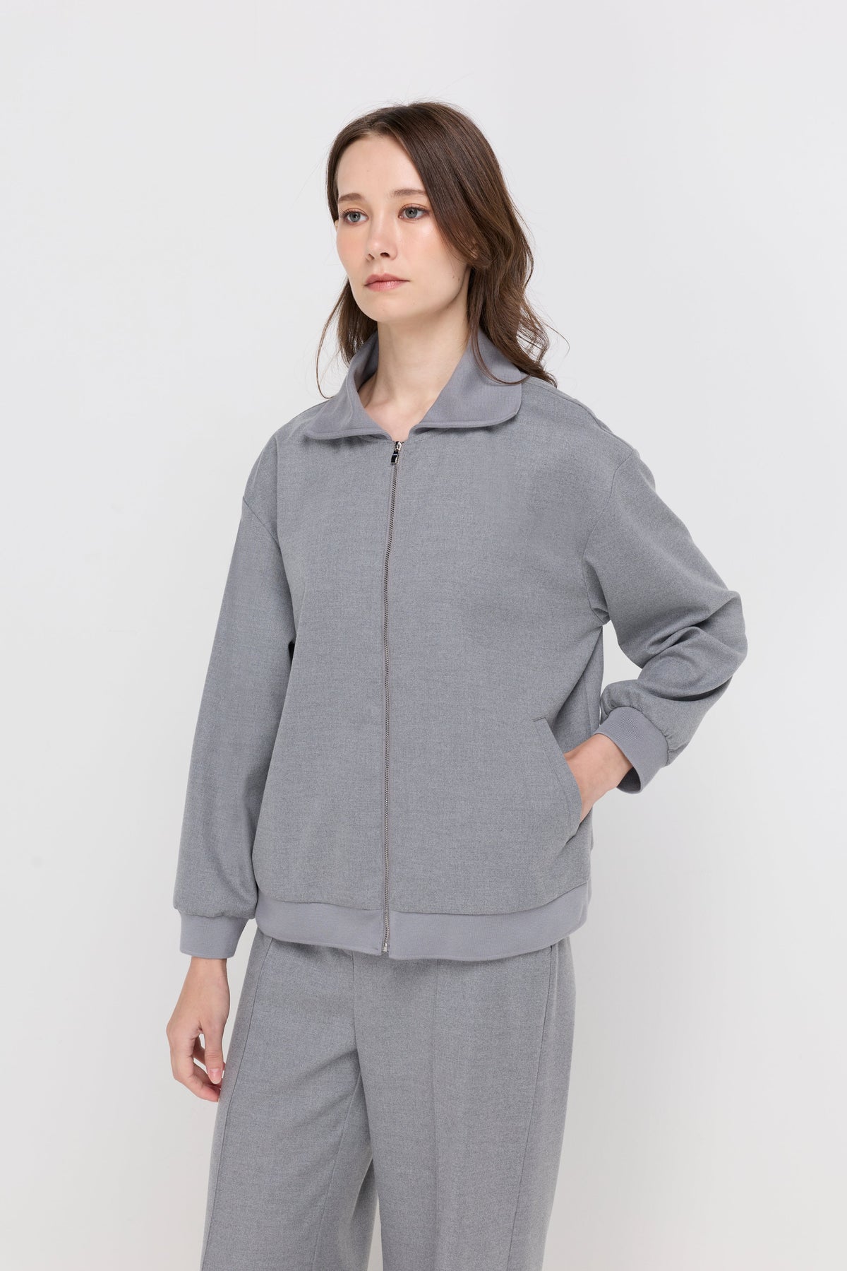 Hooded Zip-Front Track Jacket Grey