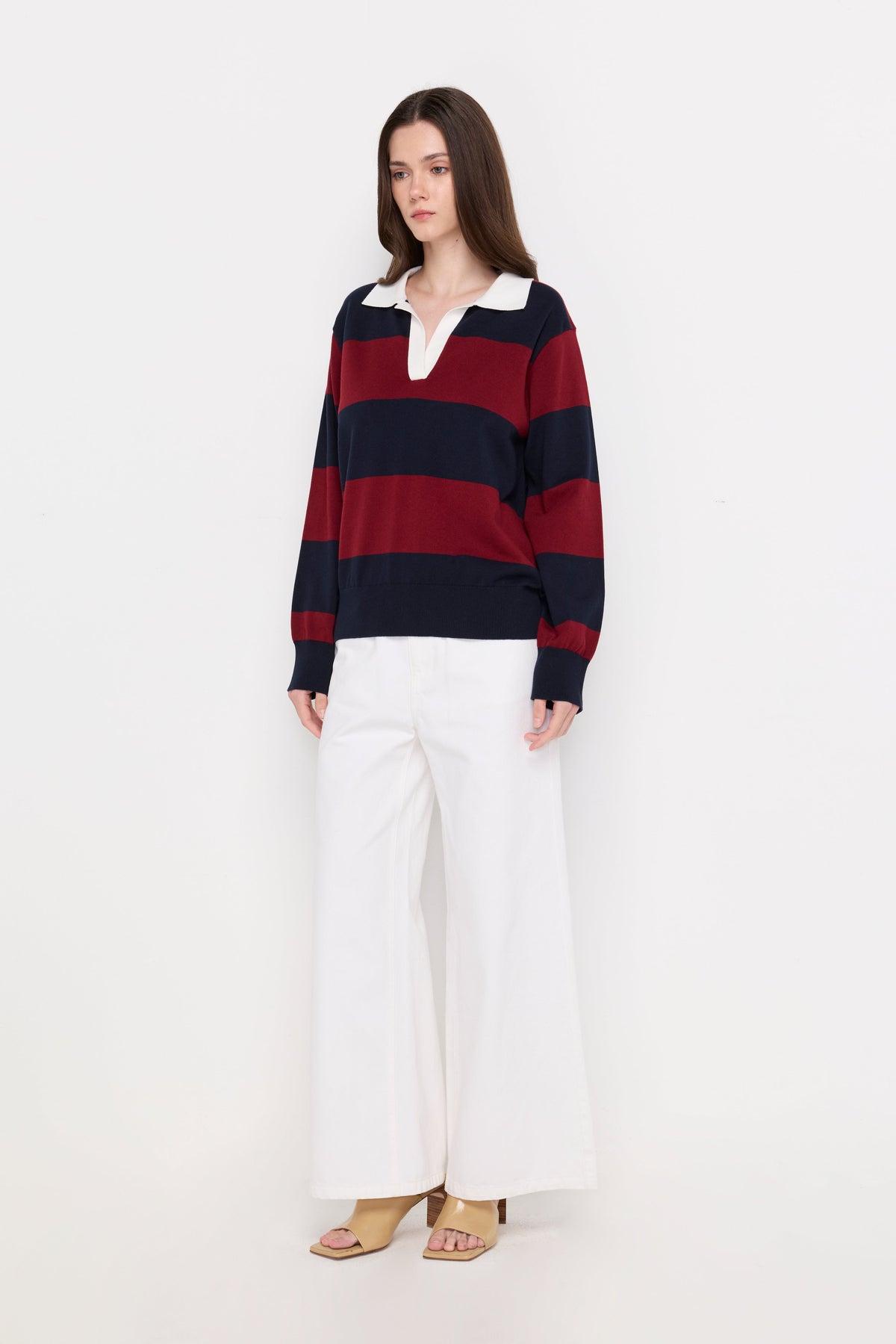 Oversized Stripe Rugby Knit Polo Shirt Striped Blue