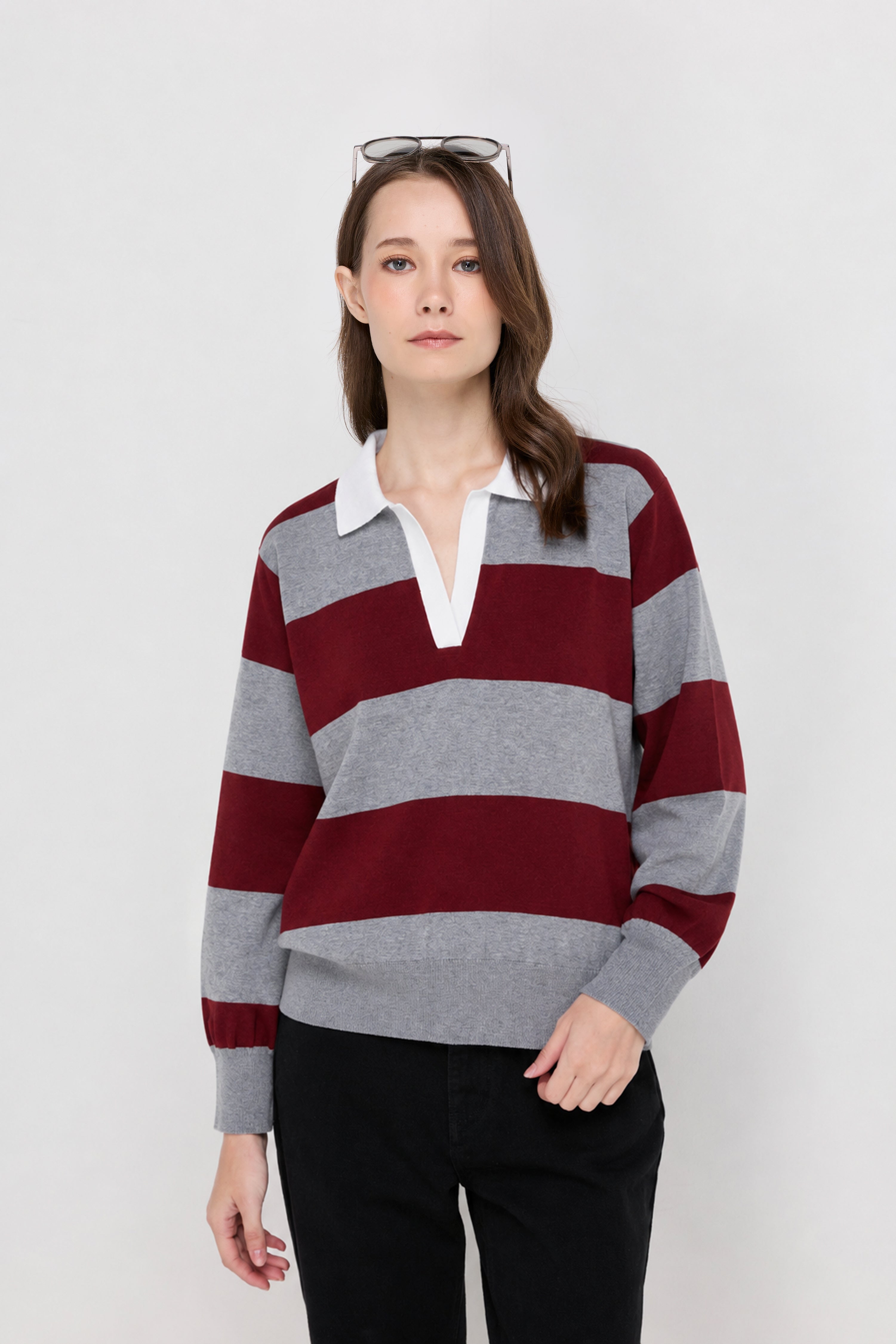 Oversized Stripe Rugby Knit Polo Shirt Striped Grey
