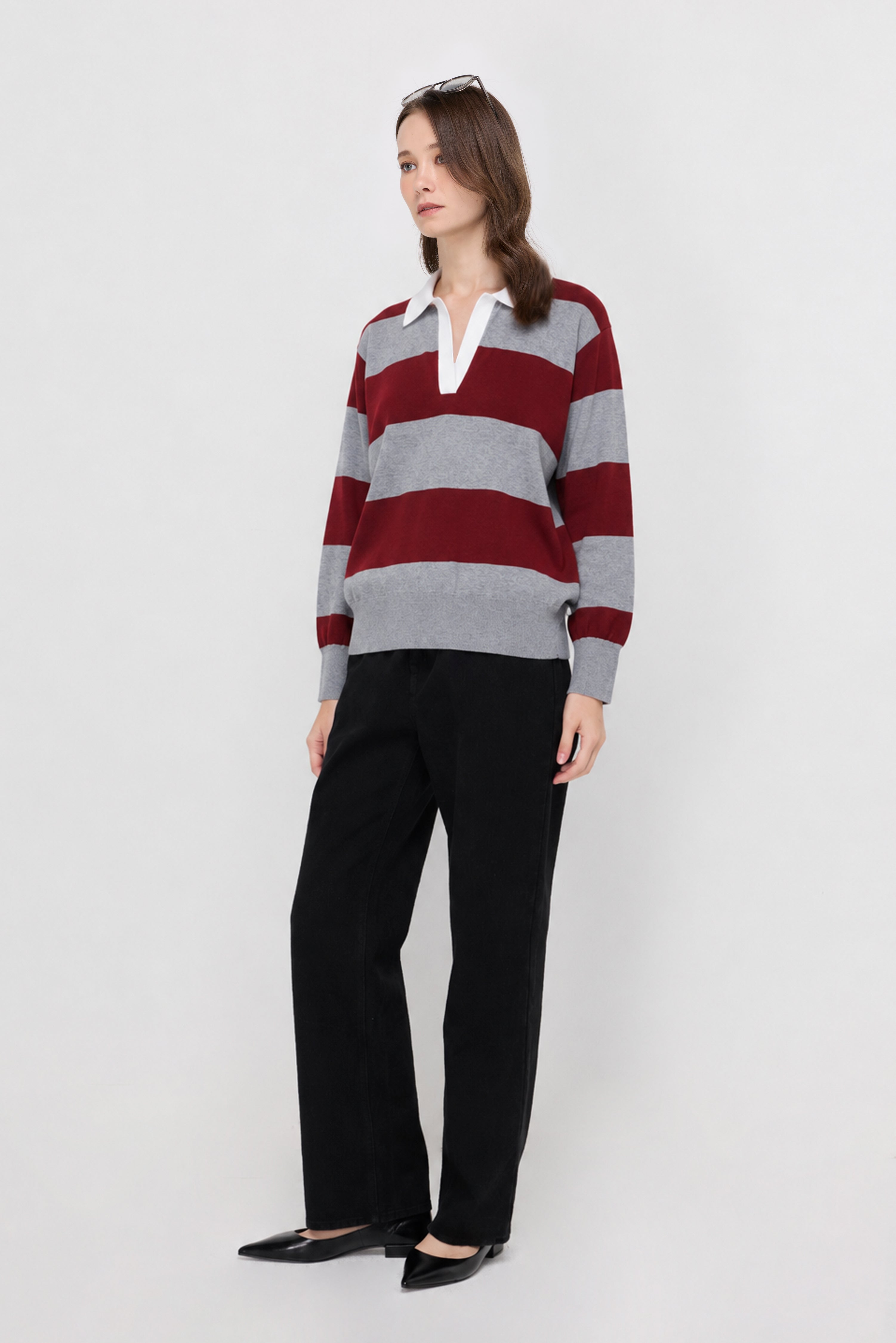 Oversized Stripe Rugby Knit Polo Shirt Striped Grey