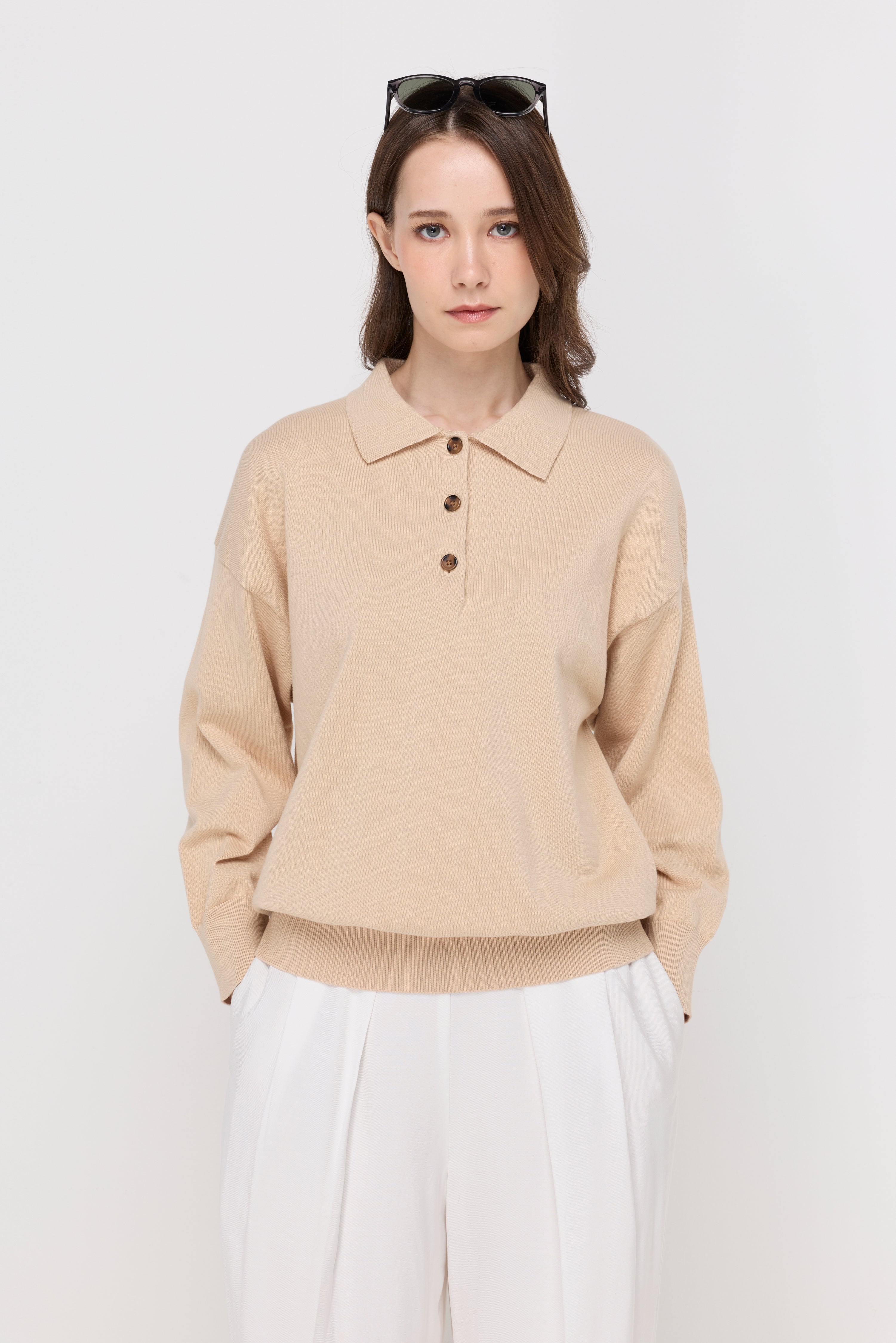 Button-Placket Knit Polo Top Beige