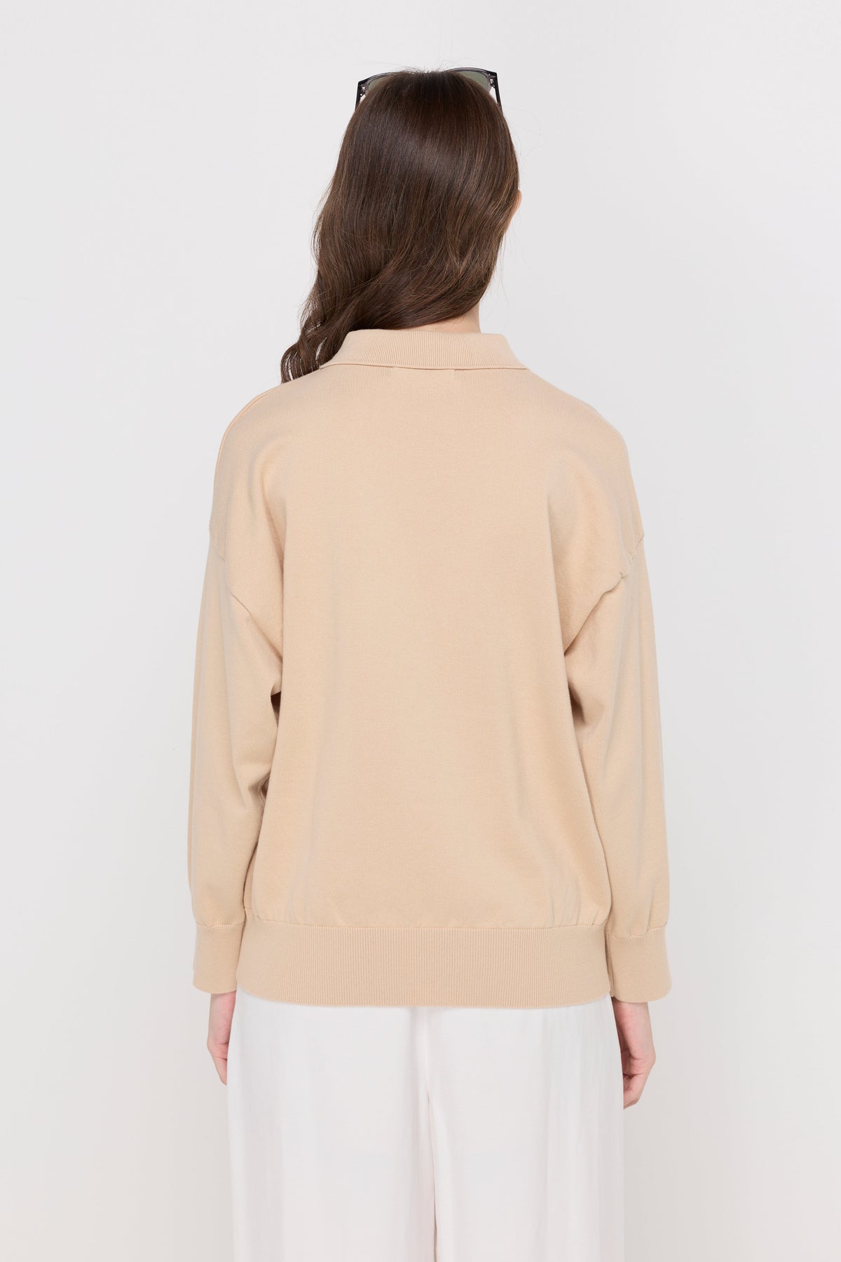 Button-Placket Knit Polo Top Beige