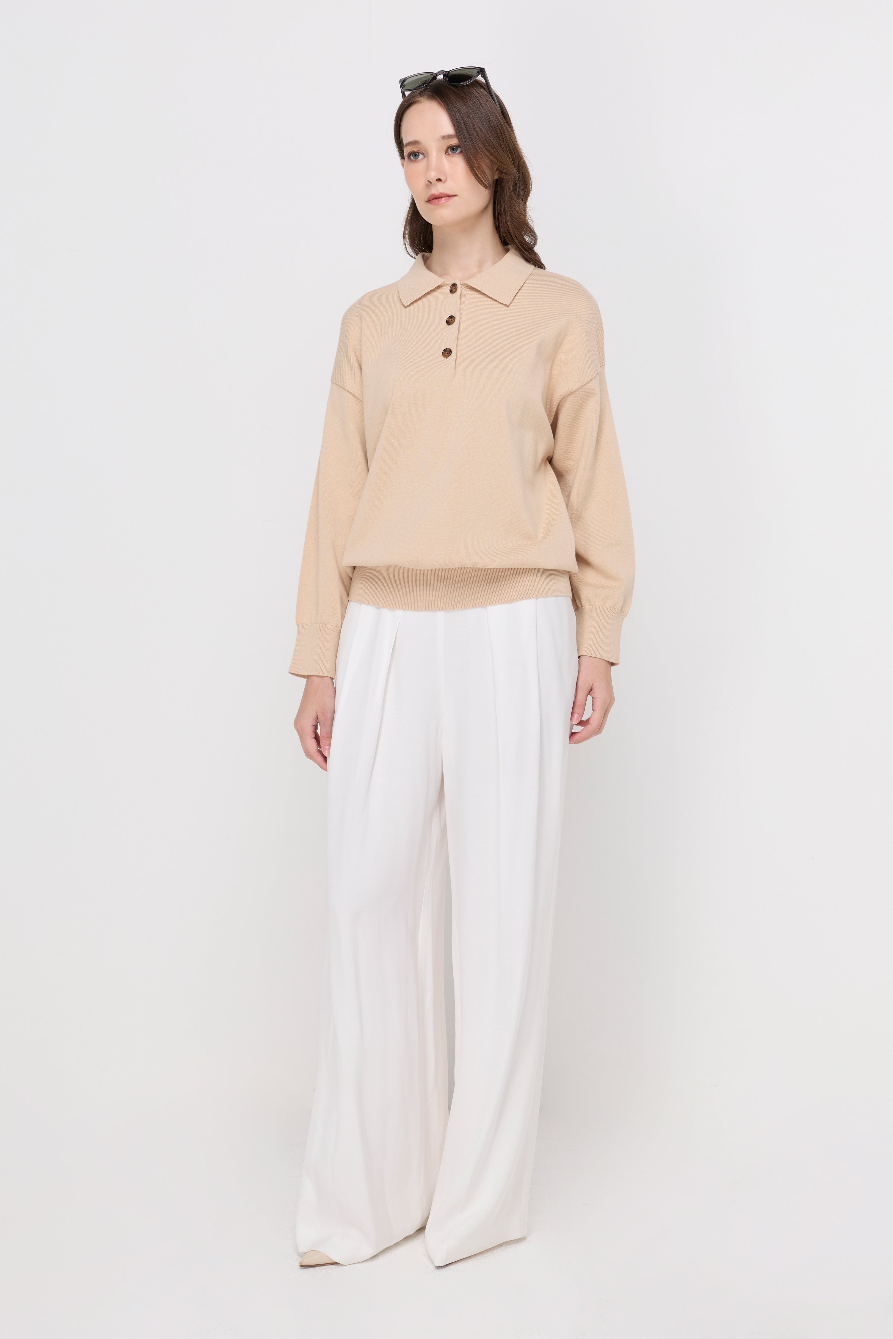 Button-Placket Knit Polo Top Beige
