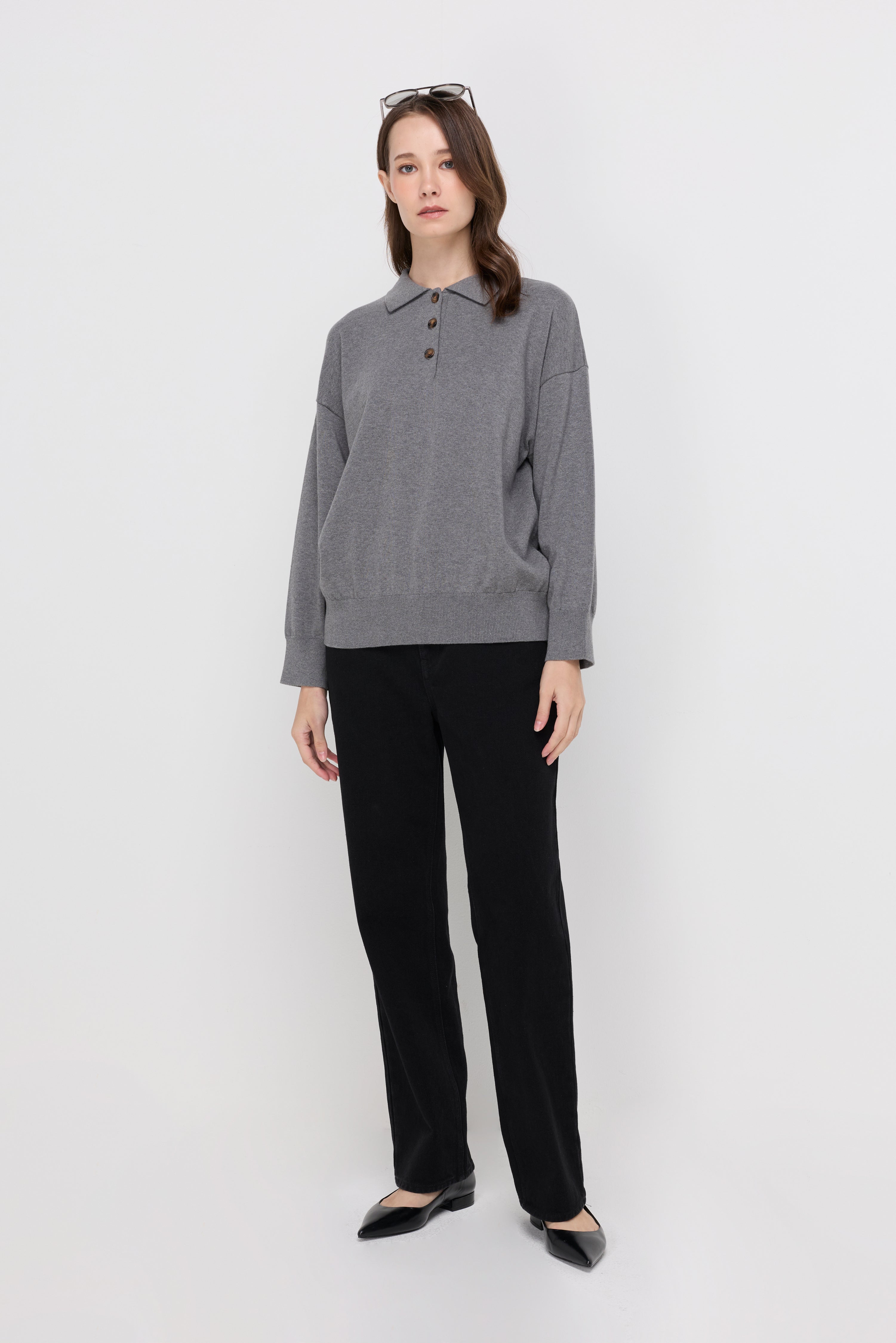 Button-Placket Knit Polo Top Black