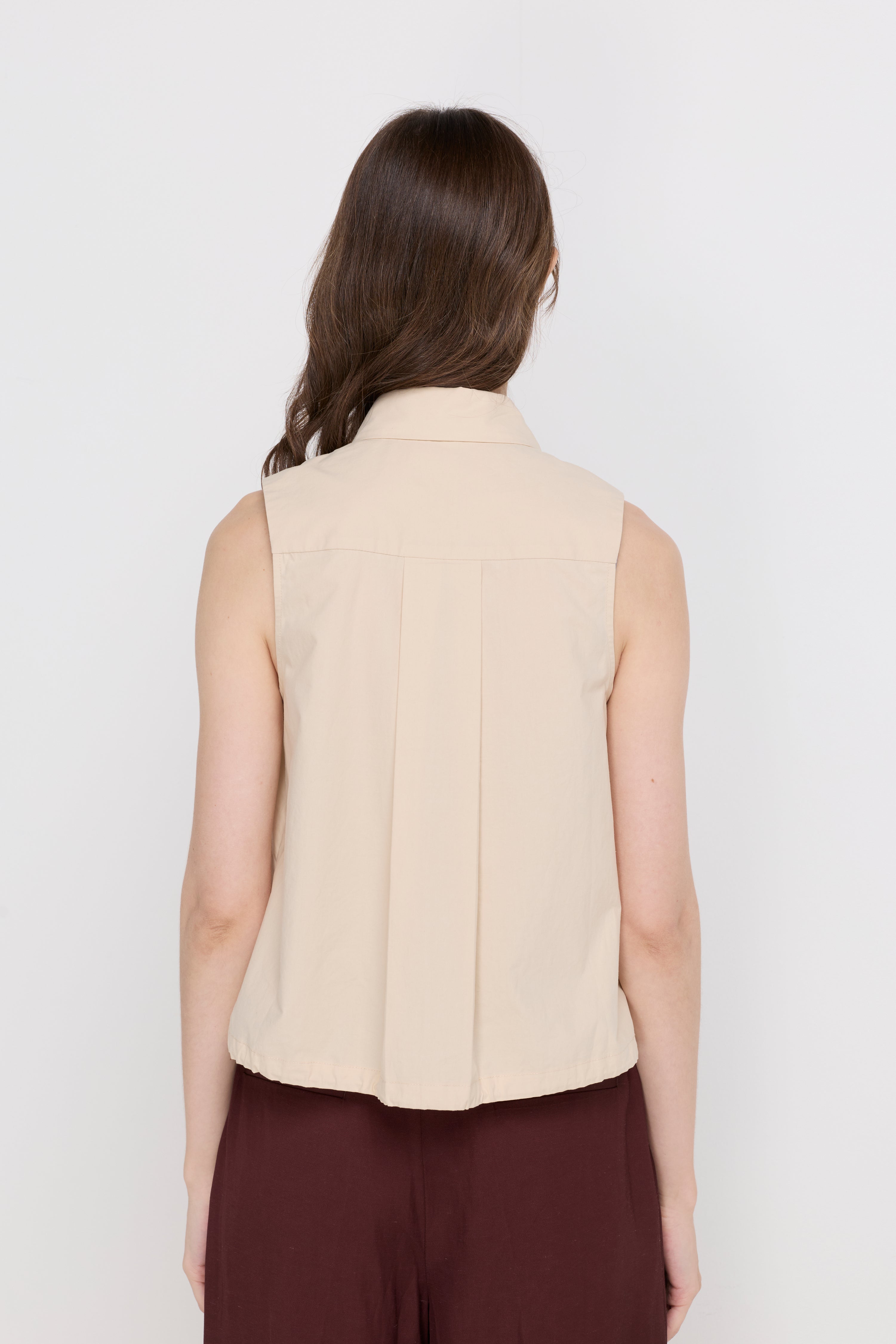 Sleeveless Cotton Puff-Shoulder Blouse Beige