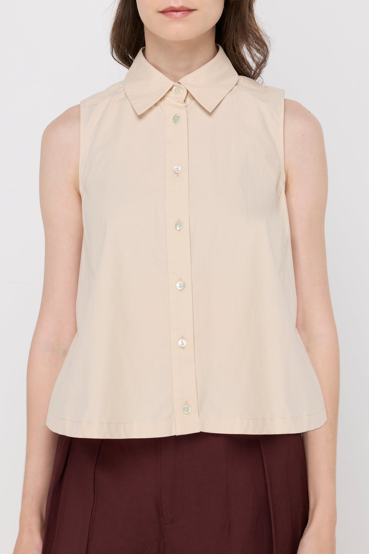 Sleeveless Cotton Puff-Shoulder Blouse Beige