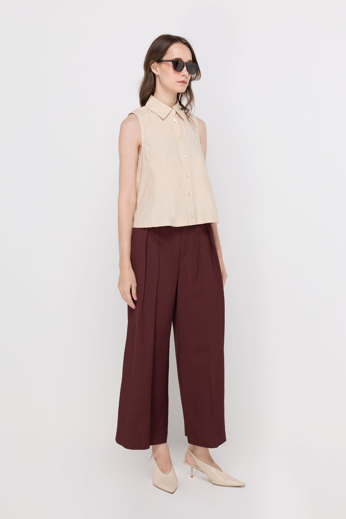 Sleeveless Cotton Puff-Shoulder Blouse Beige
