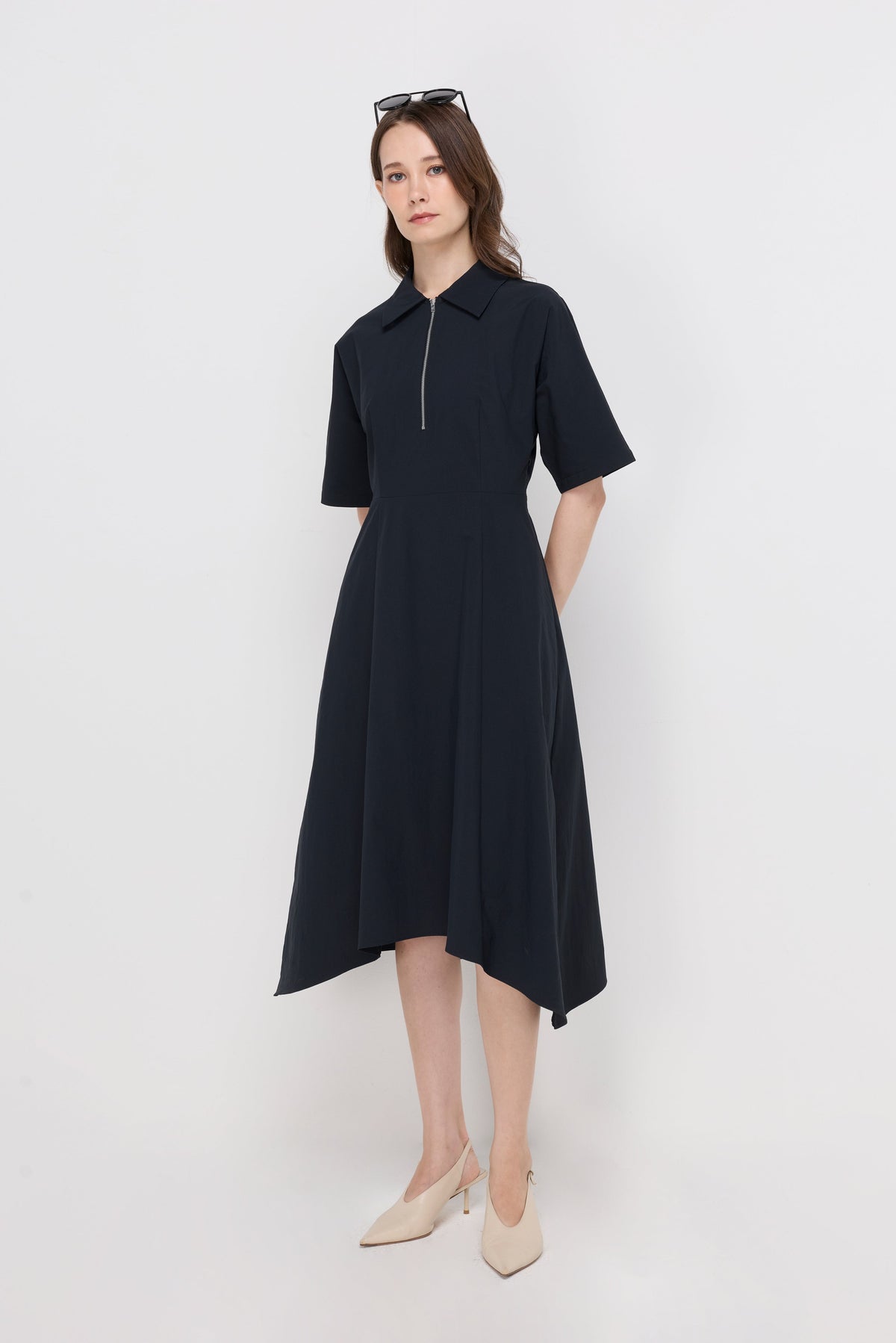 Zip-Neck Fit-And-Flare Midi Dress Navy