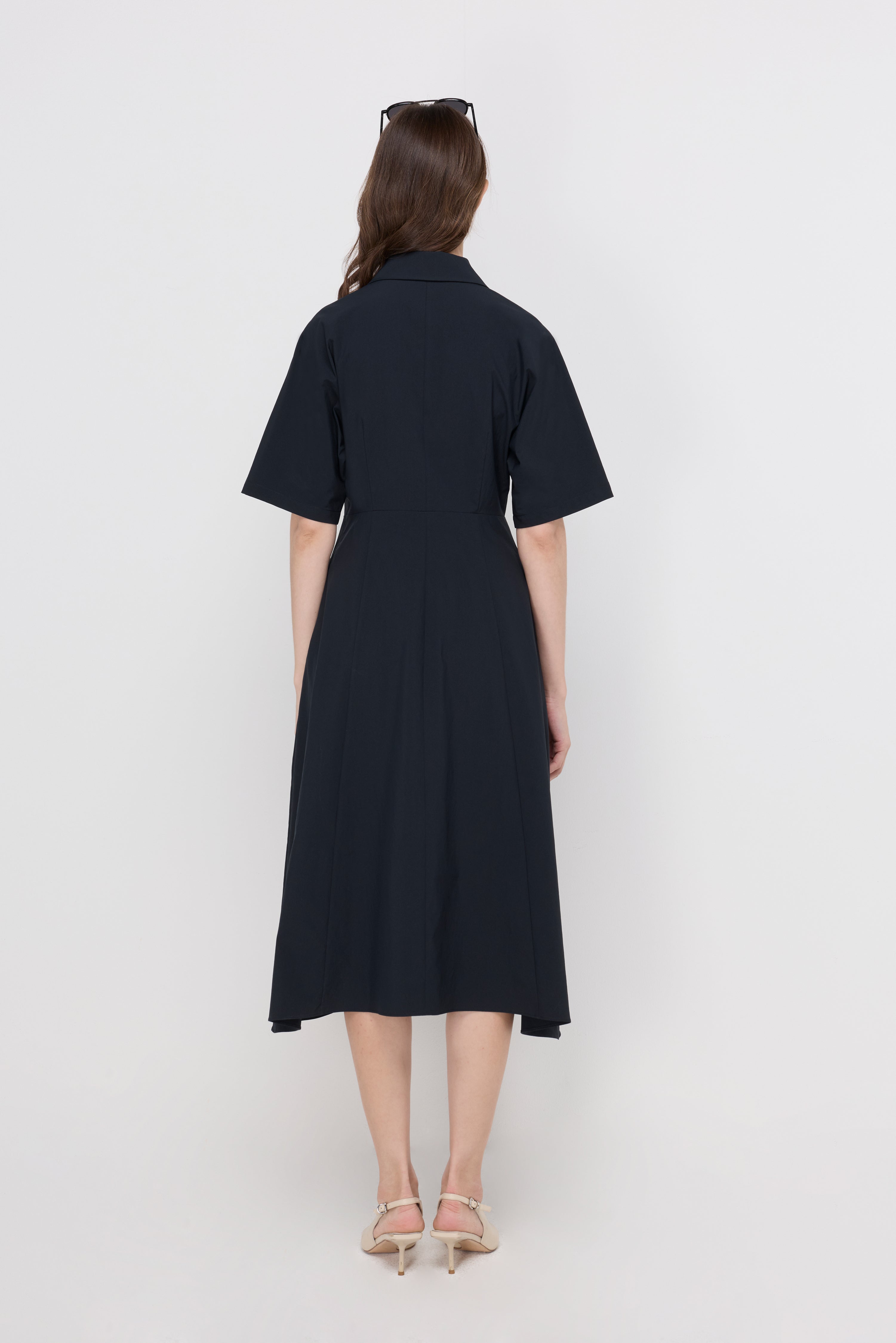 Zip-Neck Fit-And-Flare Midi Dress Navy