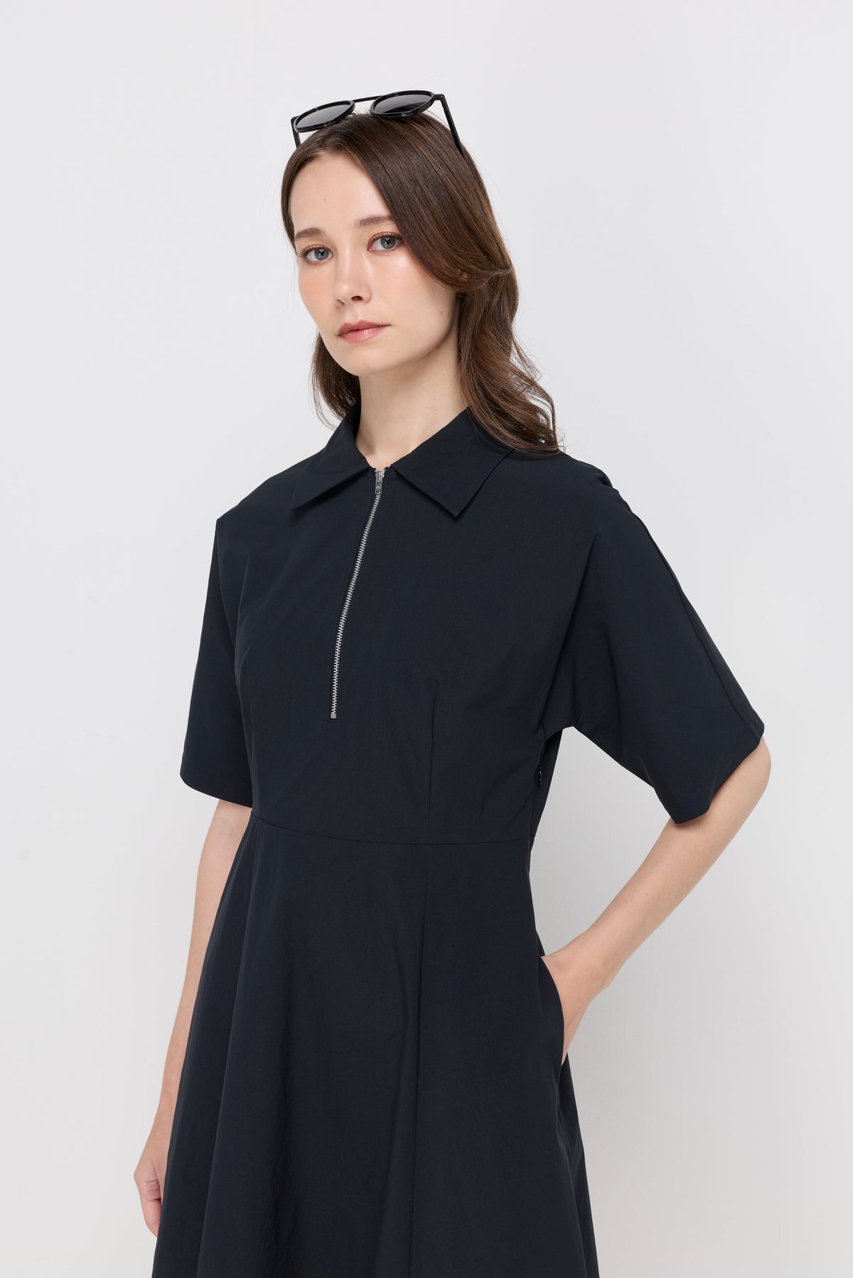 Zip-Neck Fit-And-Flare Midi Dress Navy