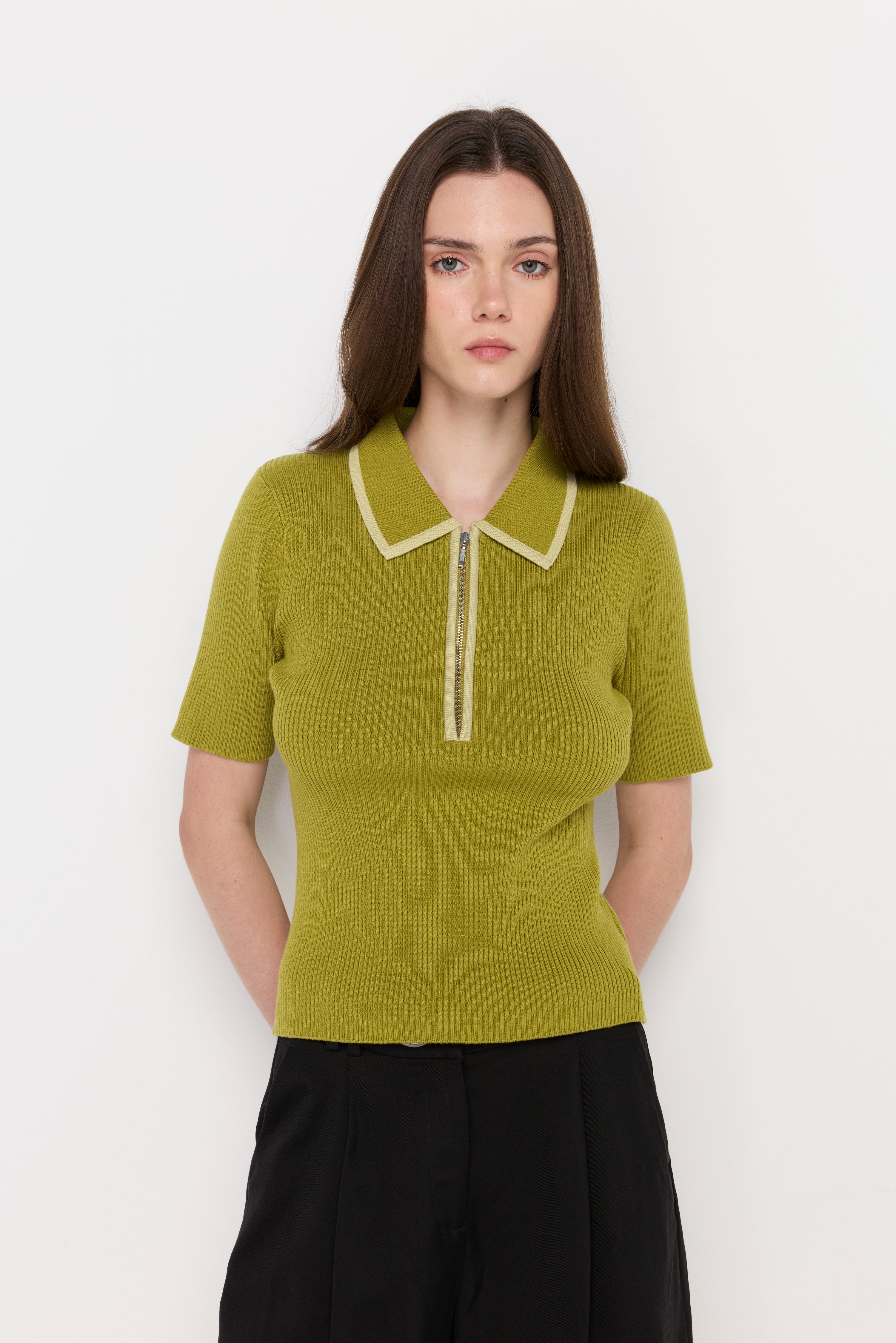 Ribbed Zip-Neck Knit Polo Green