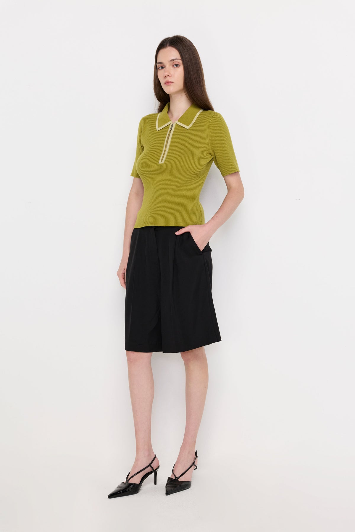Ribbed Zip-Neck Knit Polo Green