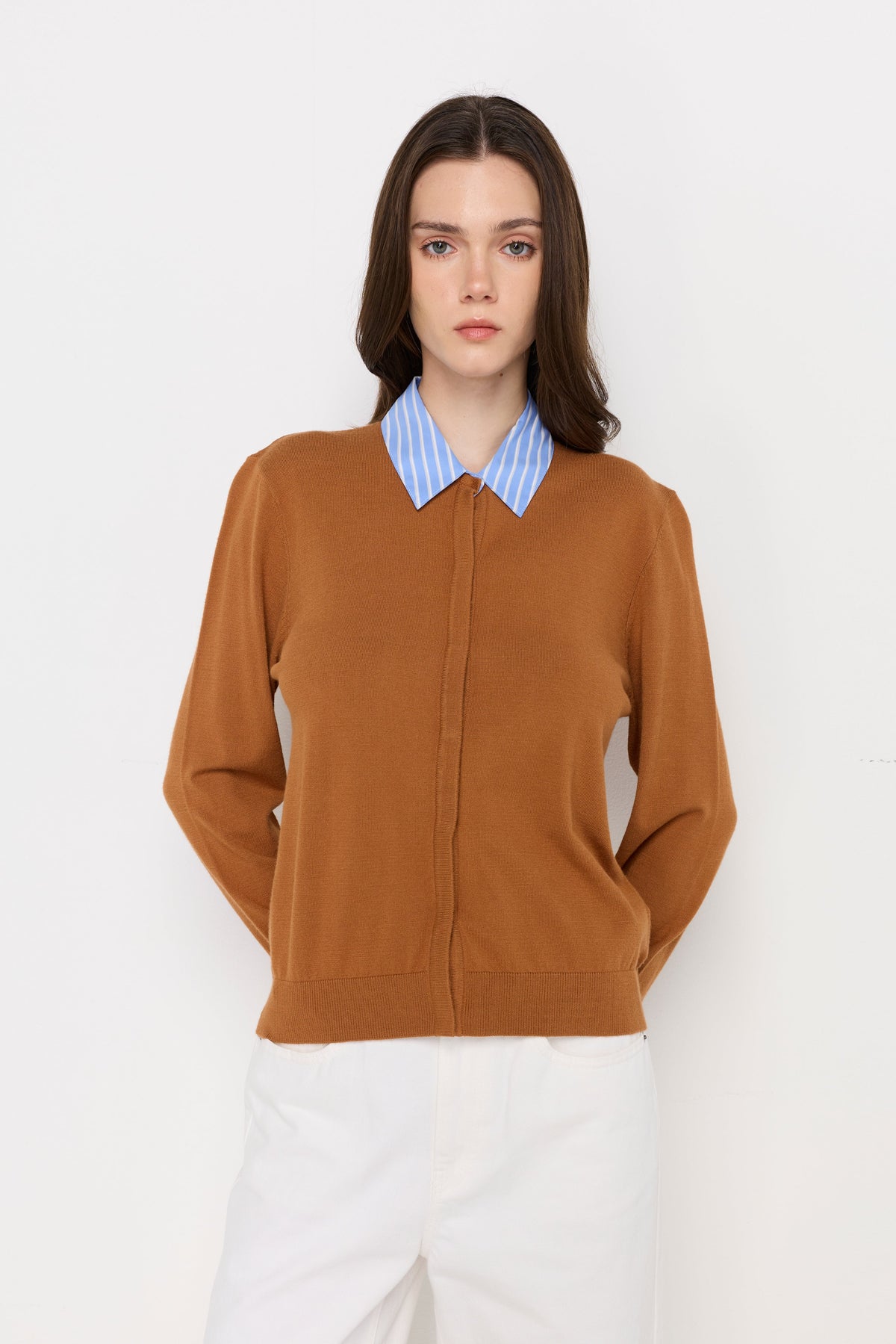 Textured Knit Collared Cardigan Brown