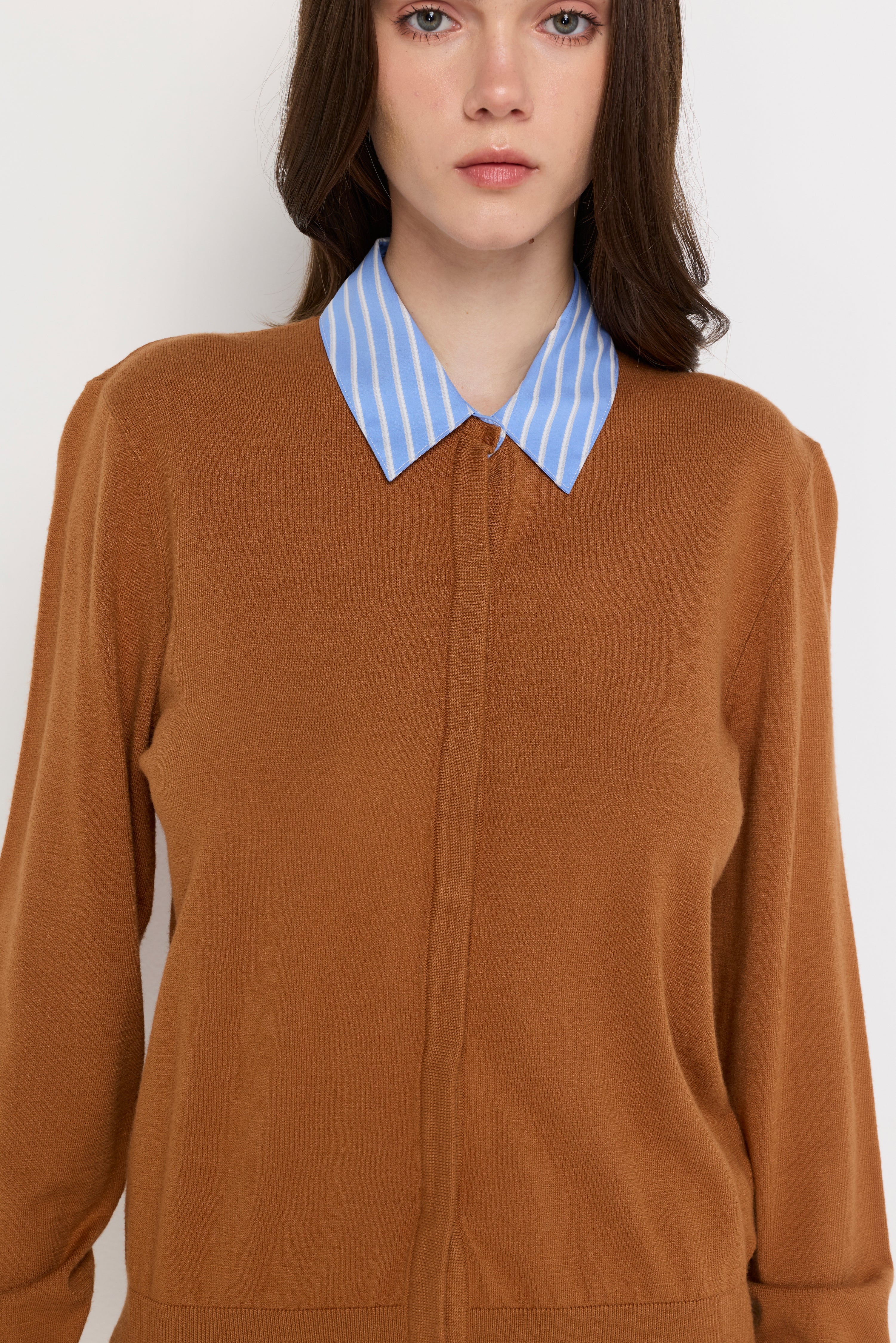 Textured Knit Collared Cardigan Brown