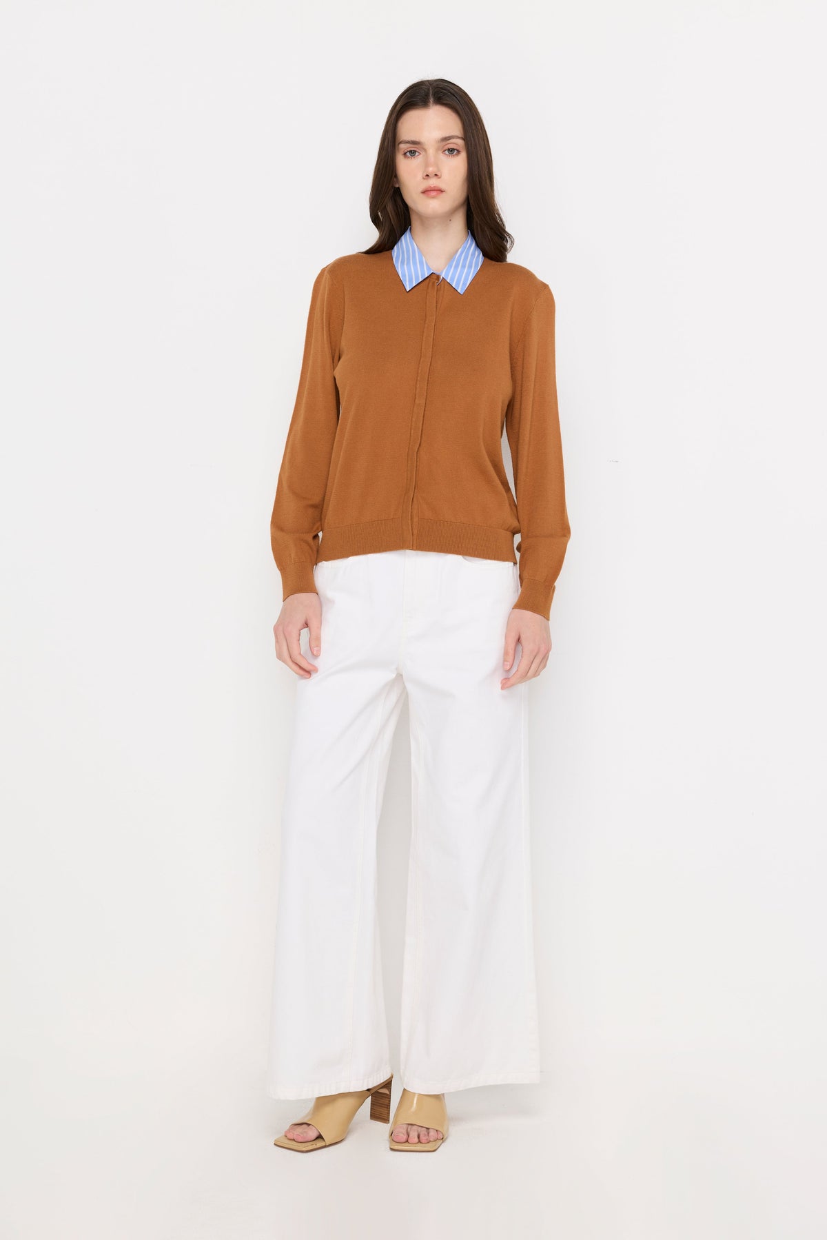 Textured Knit Collared Cardigan Brown