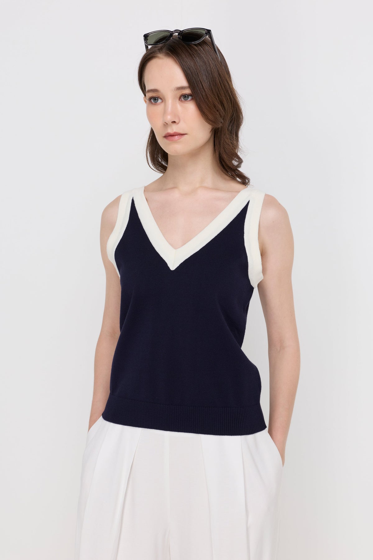 Sleeveless Ribbed Flatknit Top Navy