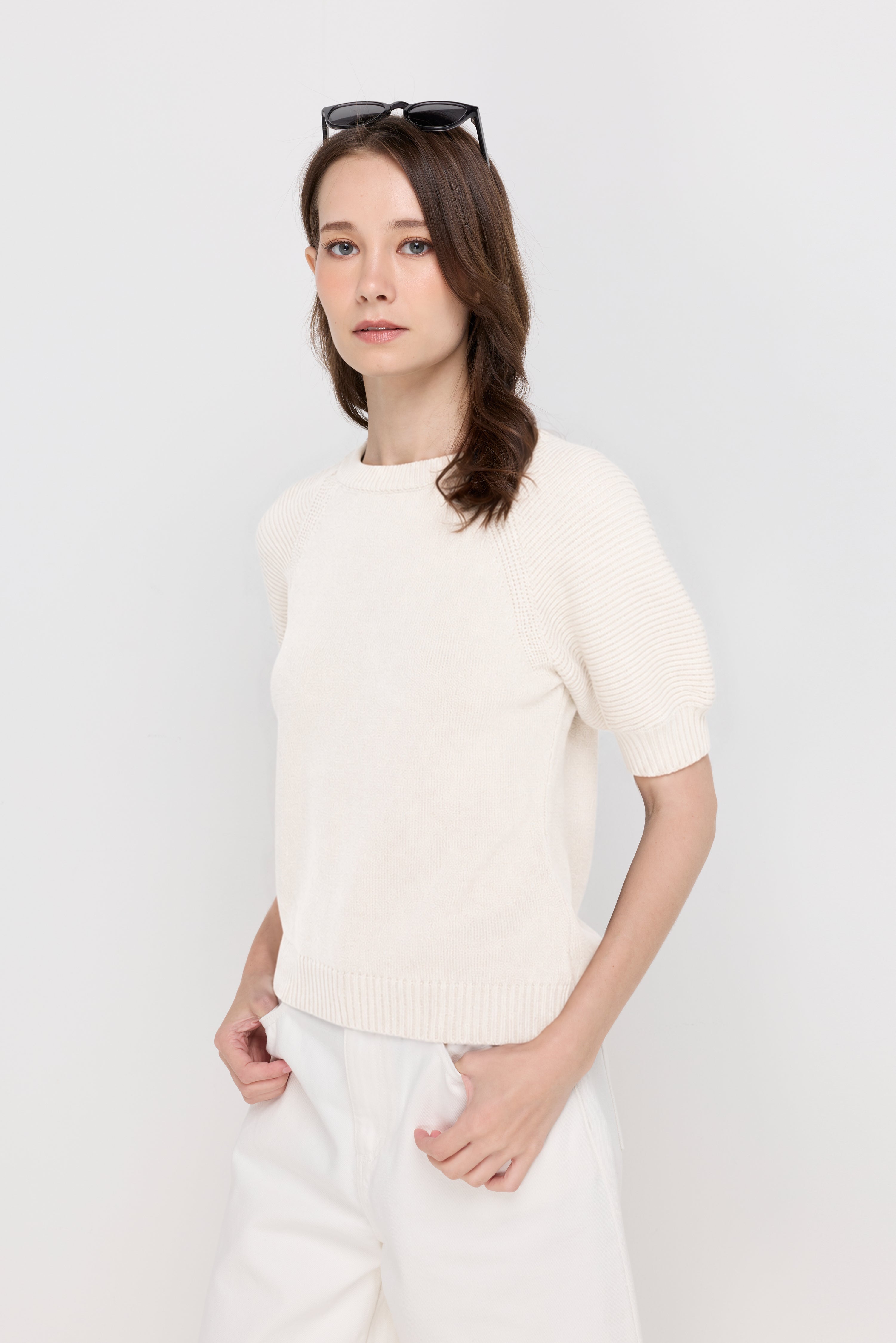 Textured Puff-Sleeve Knit Top Off-White