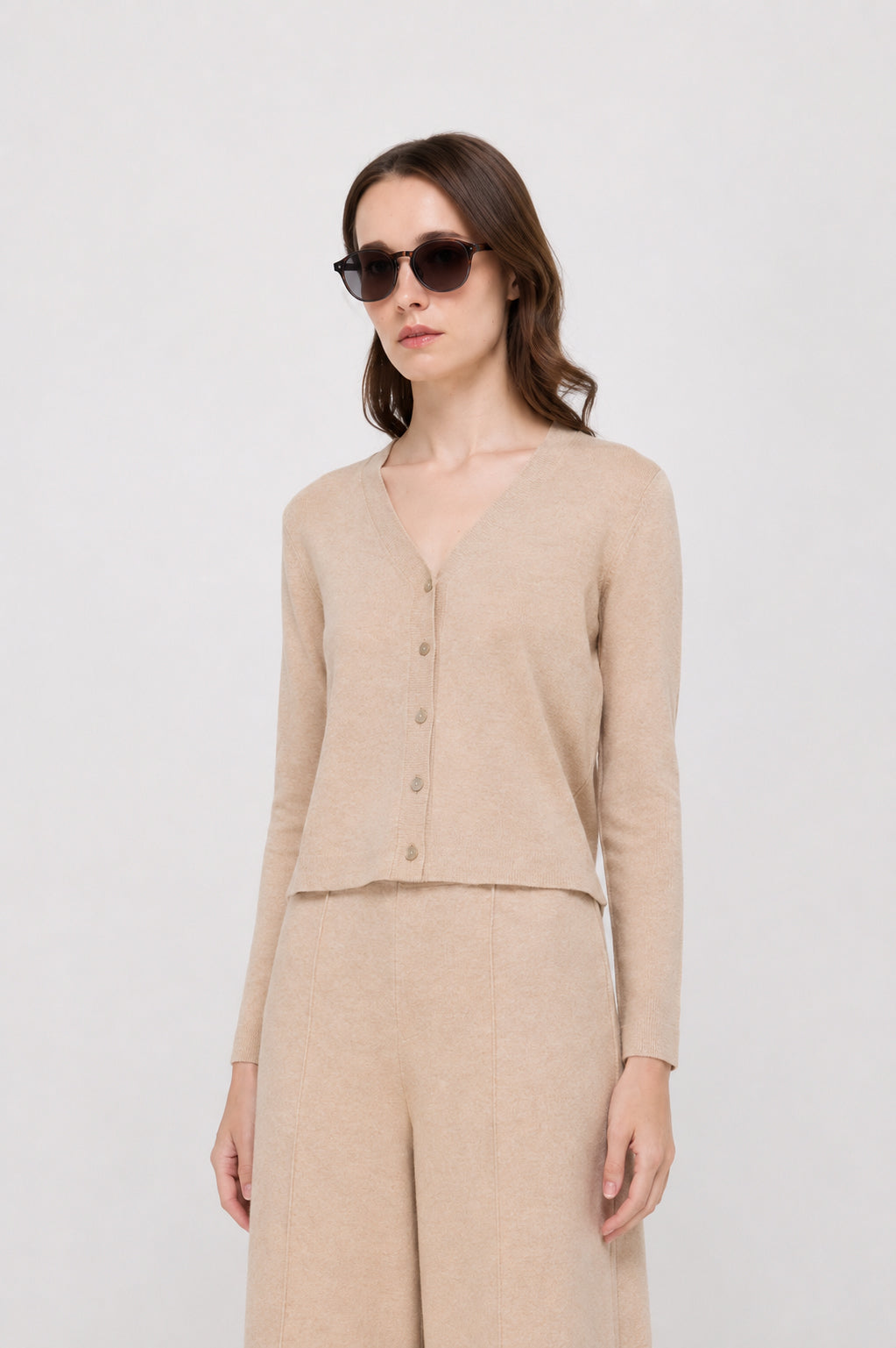 Contrast Trim V-Neck Knit Cardigan Brown