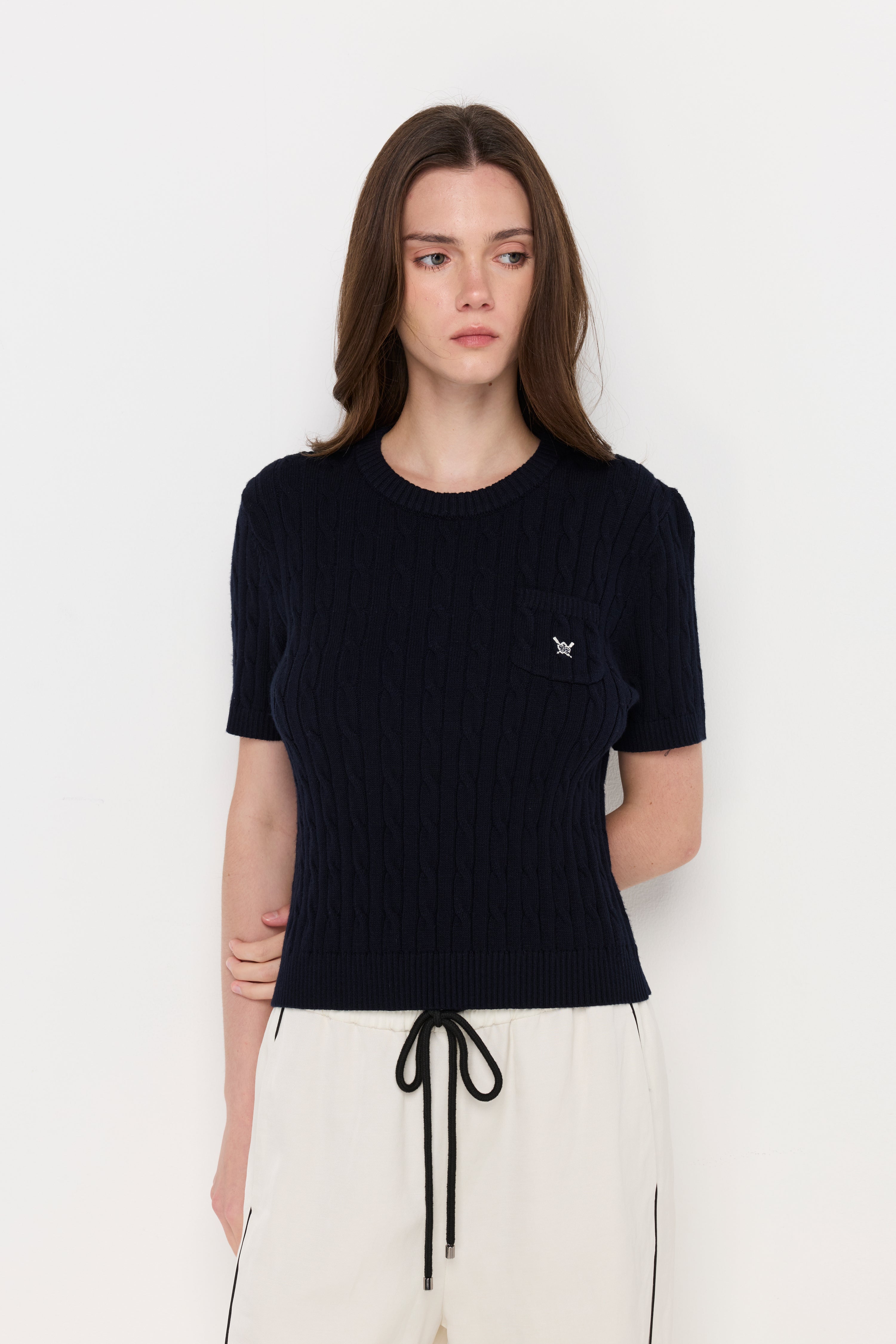 Cable Knit Crew Neck Top Navy