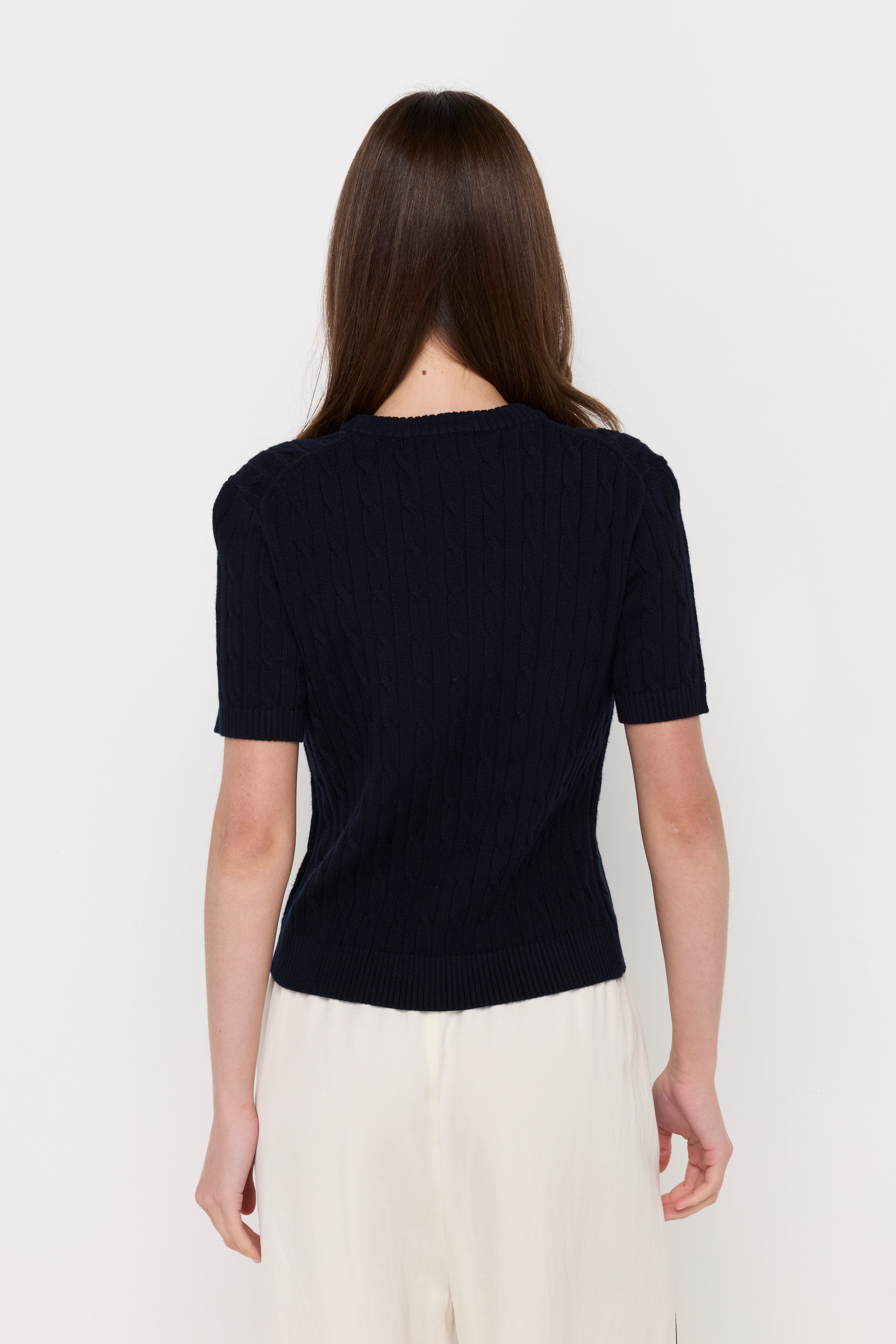 Cable Knit Crew Neck Top Navy