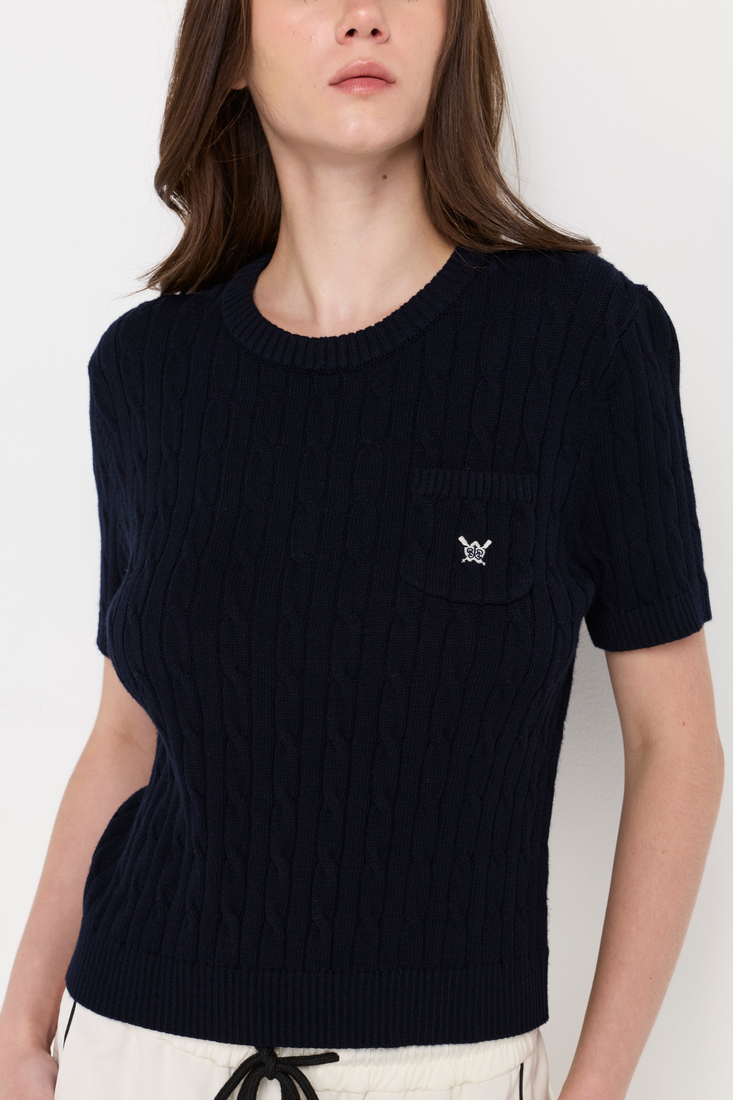 Cable Knit Crew Neck Top Navy