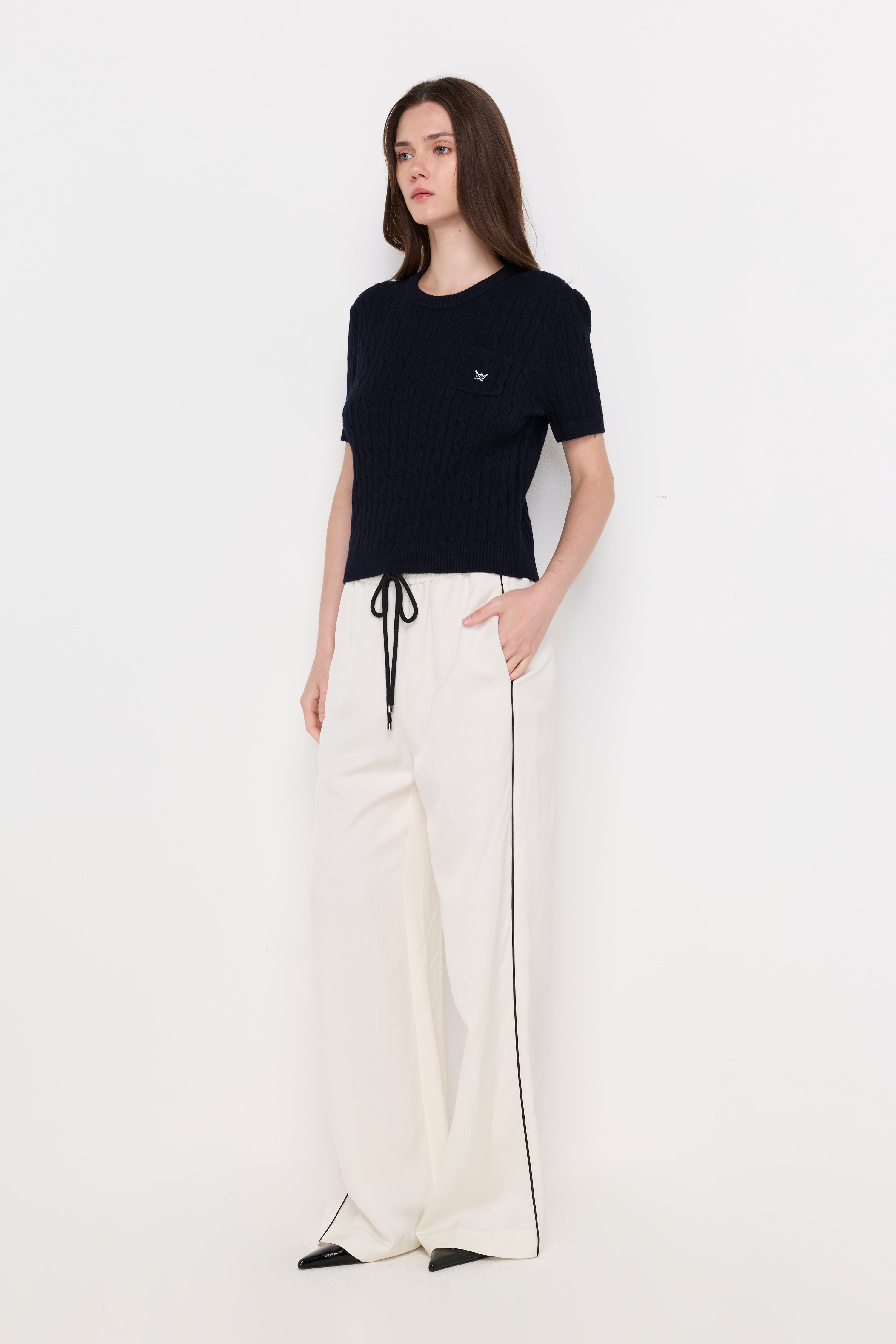 Cable Knit Crew Neck Top Navy