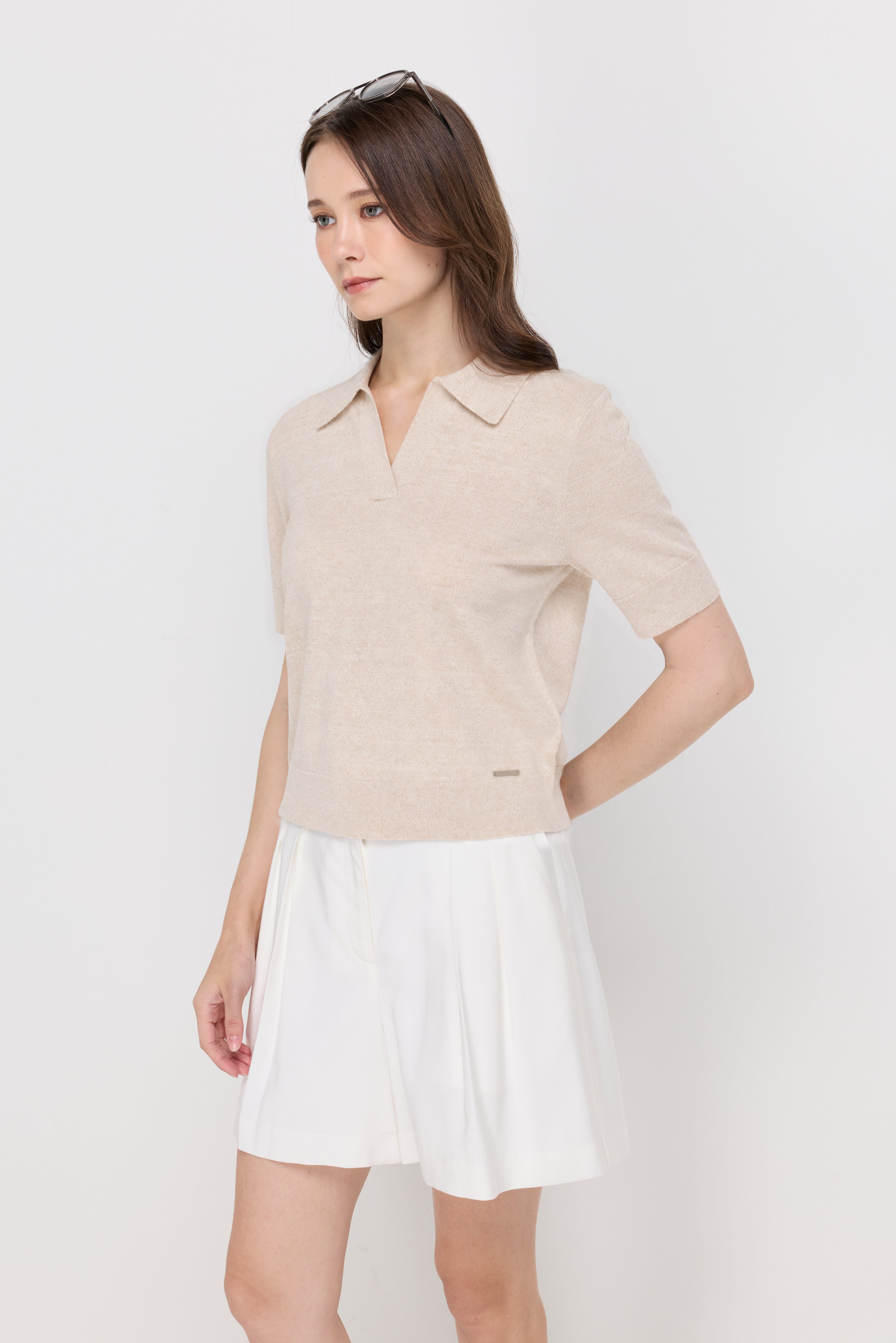 Textured Knit Polo Top Light Top Dyed Beige