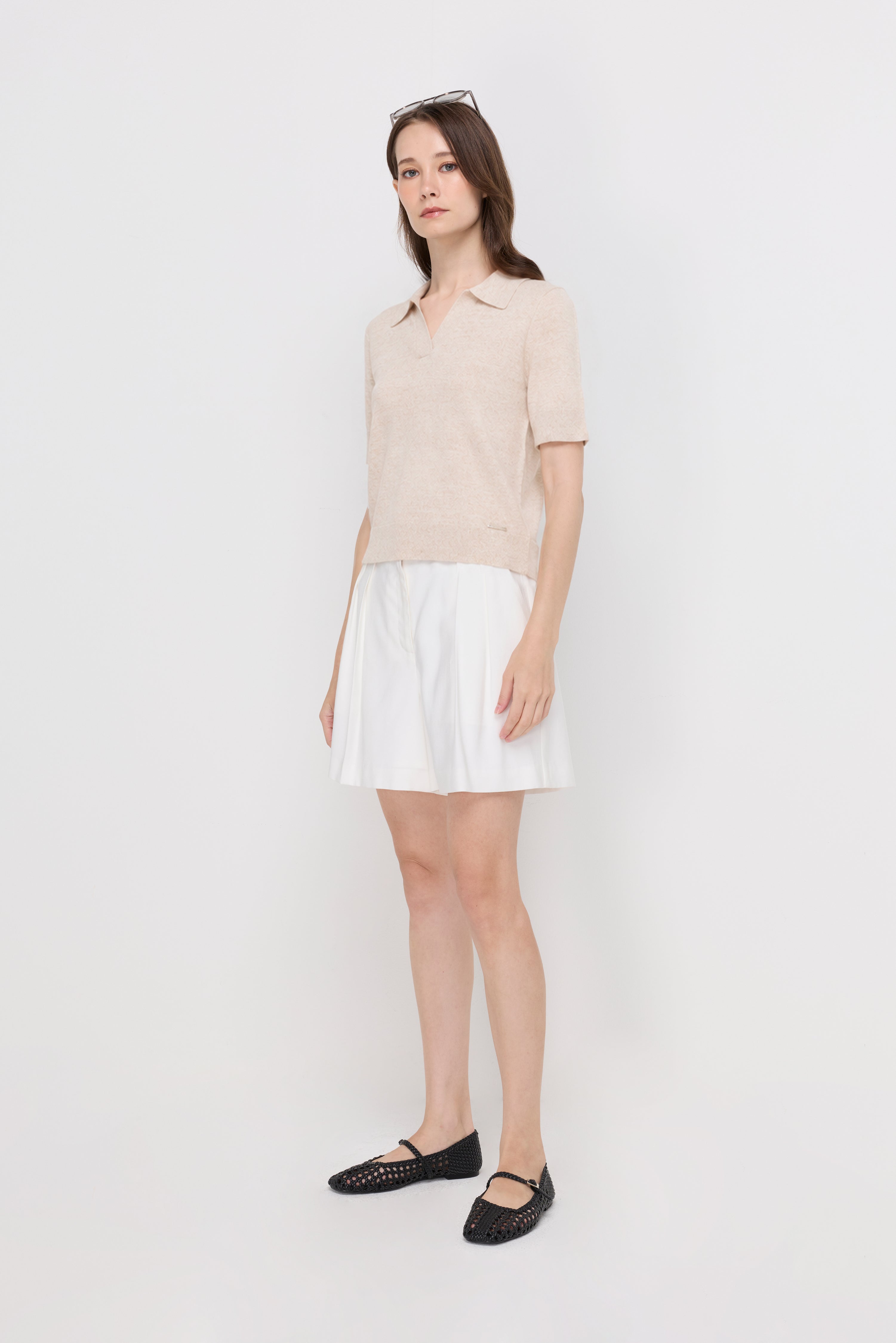 Textured Knit Polo Top Light Top Dyed Beige