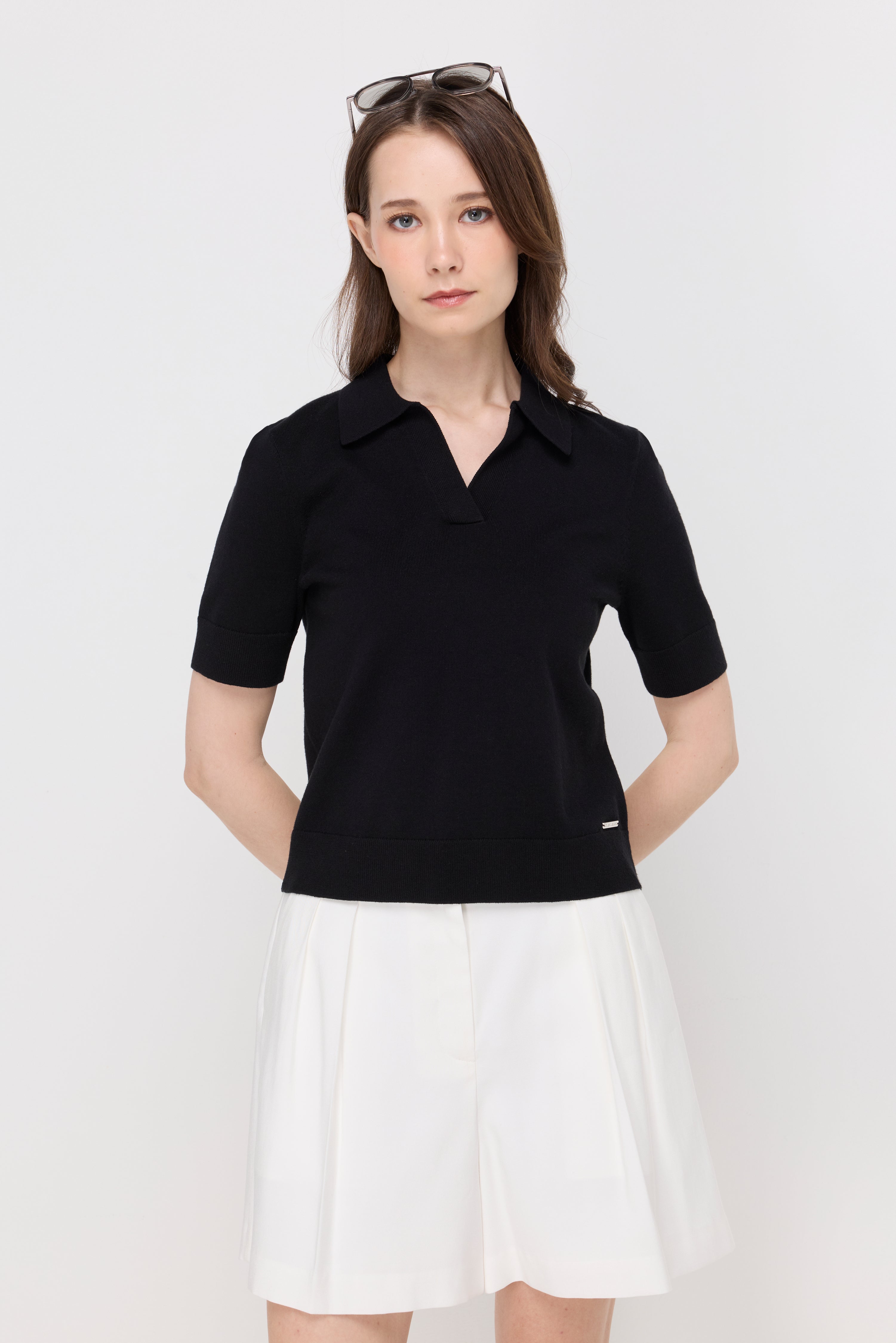 Textured Knit Polo Top Black